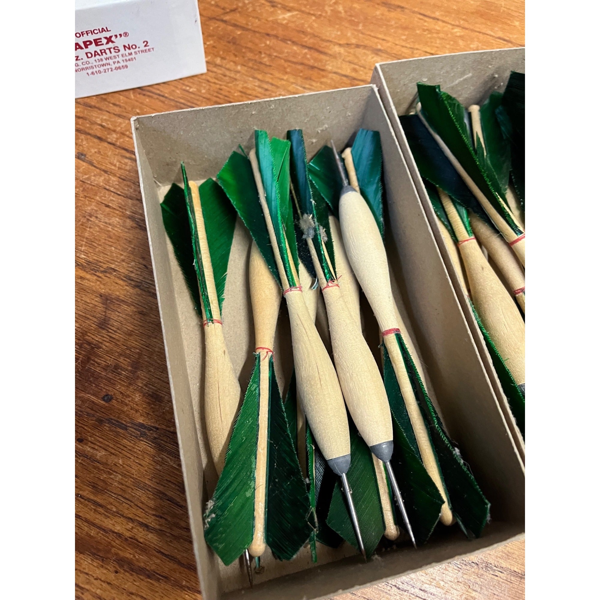 Vintage APEX No.2 Wood Tournament Darts Green Turkey Feathers