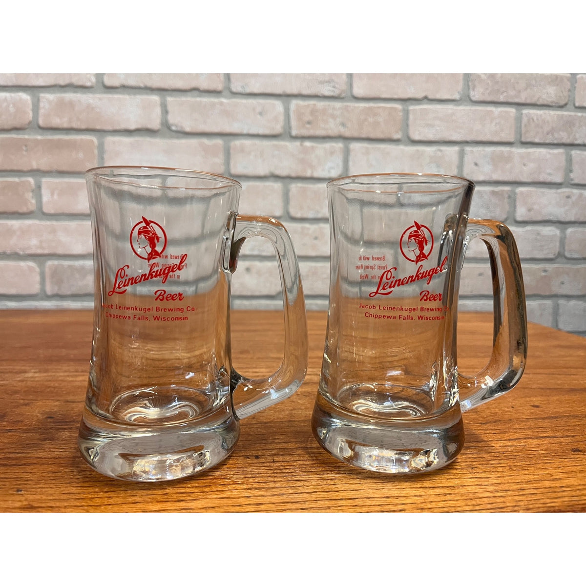 Vintage Leinenkugel Beer Mug Heavy Glass Mugs 12oz Pair Lot (2) Indian Maiden