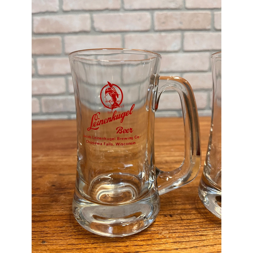 Vintage Leinenkugel Beer Mug Heavy Glass Mugs 12oz Pair Lot (2) Indian Maiden