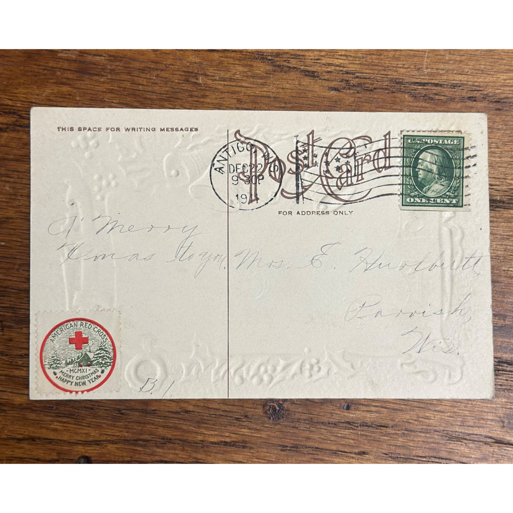 Vintage 1911 Christmas Postcard w/ Christmas Seal Tied American Red Cross
