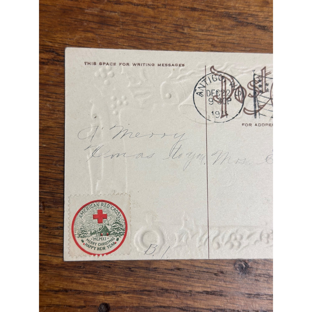 Vintage 1911 Christmas Postcard w/ Christmas Seal Tied American Red Cross