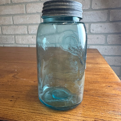Antique Ball Triple L Mason Fruit Jar Blue Aqua Marked "A" "4" #4 Quart