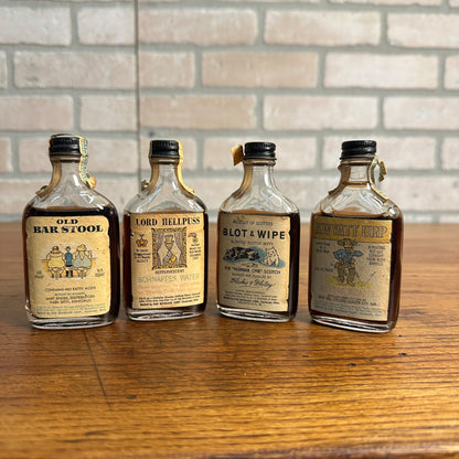 (4) Novelty Whiskey Bottles Kwyatt Urp Blot & Wipe Lord Helpuss Old Barstool