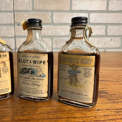 (4) Novelty Whiskey Bottles Kwyatt Urp Blot & Wipe Lord Helpuss Old Barstool