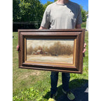 Vintage Winter Farm Landscape Oil Painting Horse Sleigh Rustic Framed Signed Art