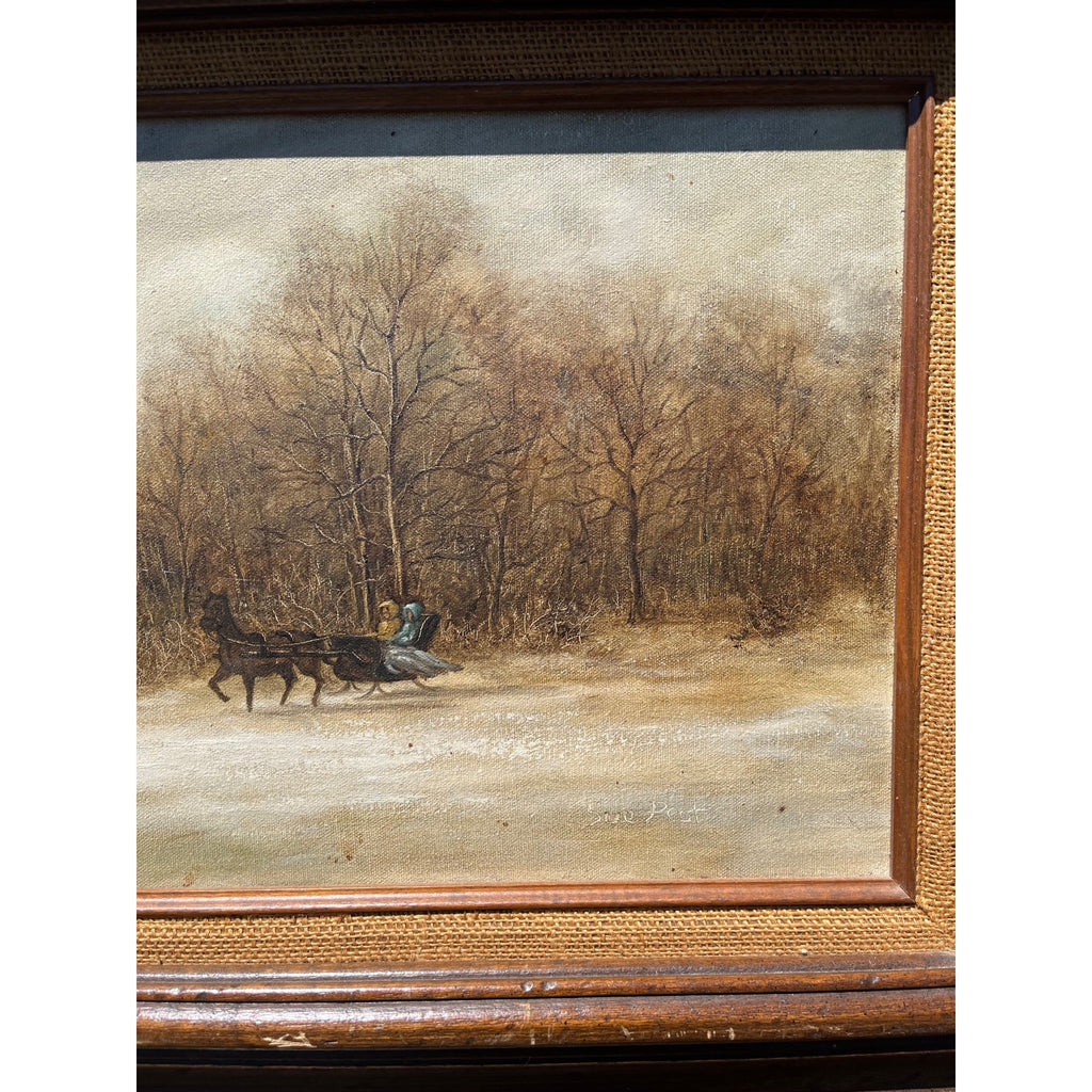 Vintage Winter Farm Landscape Oil Painting Horse Sleigh Rustic Framed Signed Art