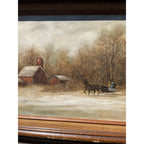 Vintage Winter Farm Landscape Oil Painting Horse Sleigh Rustic Framed Signed Art