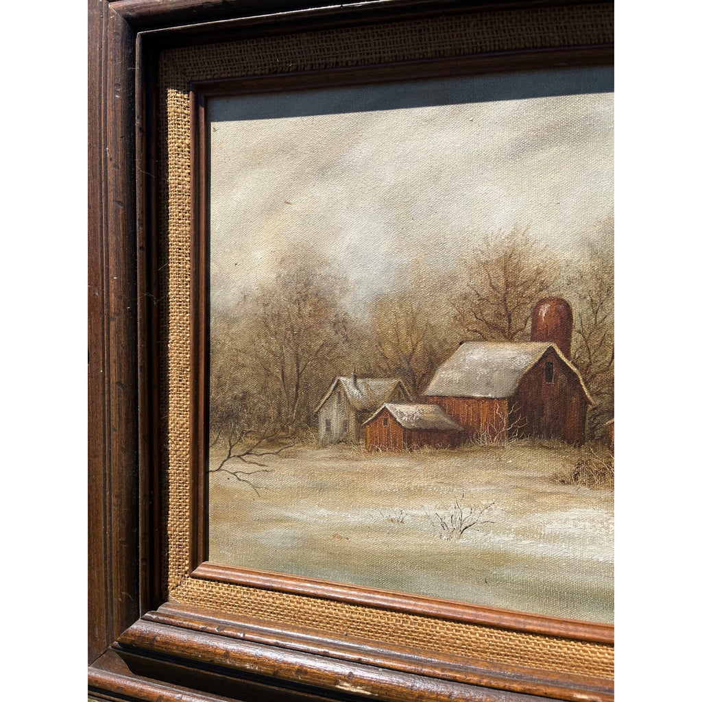 Vintage Winter Farm Landscape Oil Painting Horse Sleigh Rustic Framed Signed Art