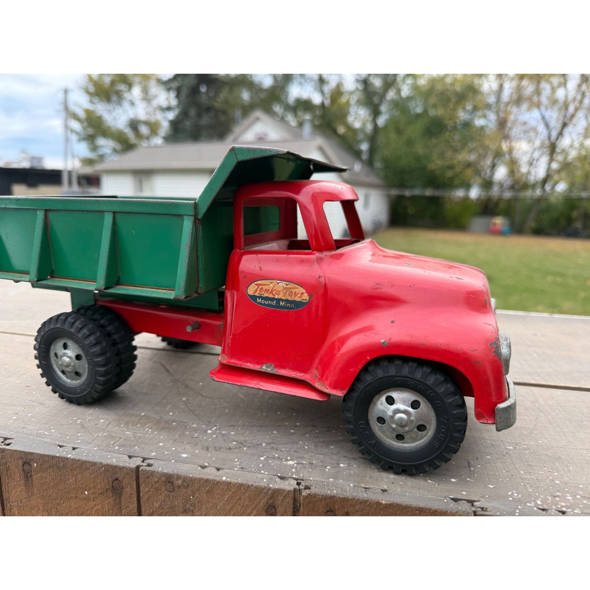 Vintage Tonka Dump Truck Red & Green Pressed Steel Toy