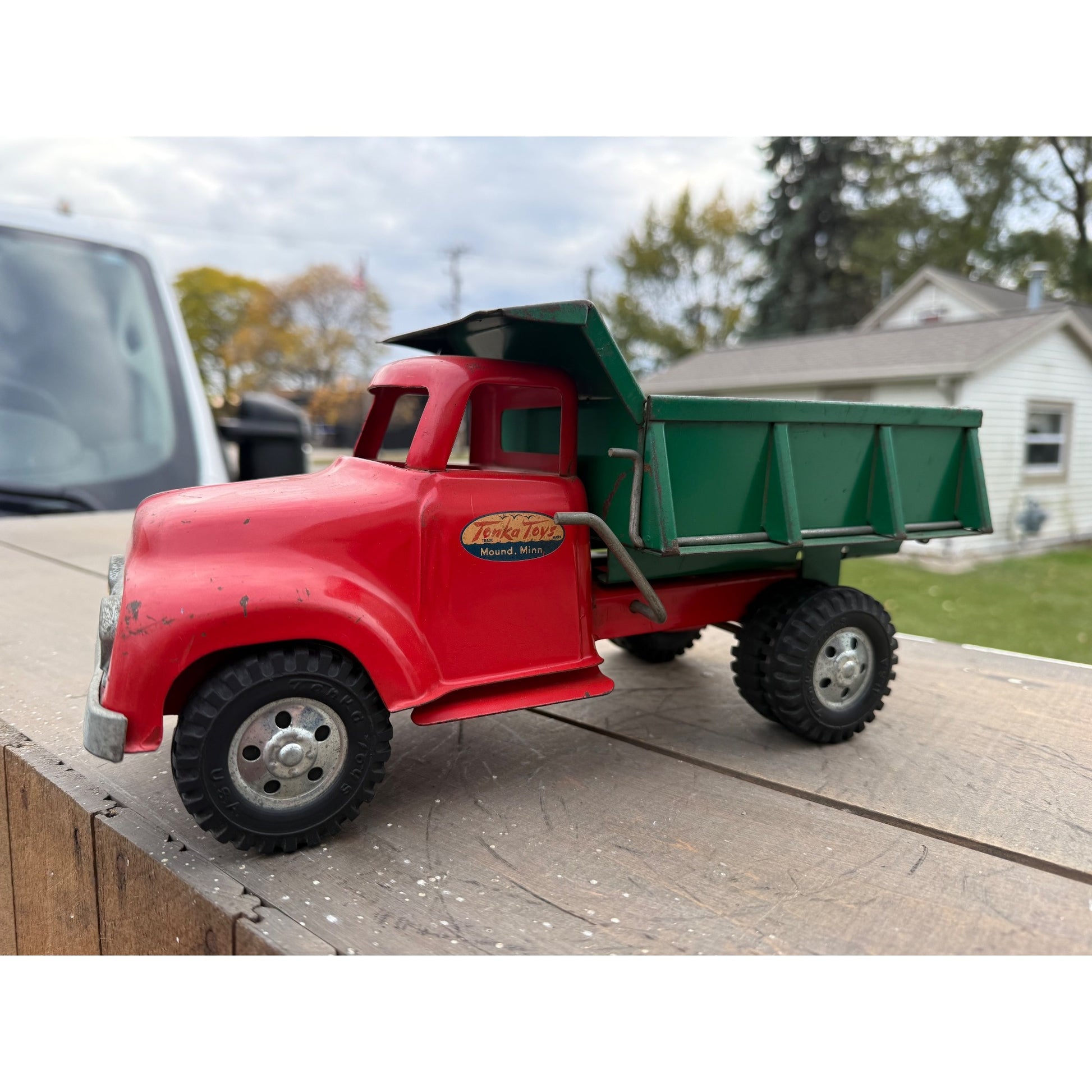 Vintage Tonka Dump Truck Red & Green Pressed Steel Toy
