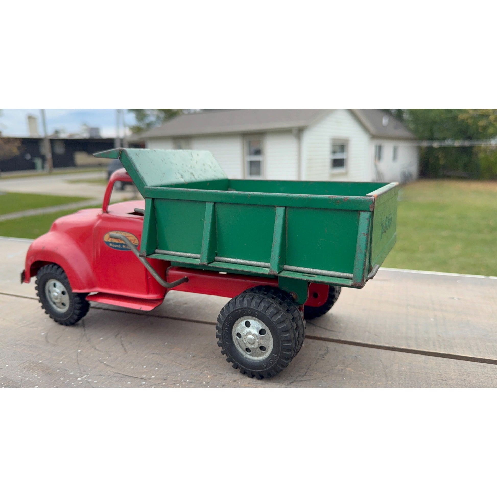 Vintage Tonka Dump Truck Red & Green Pressed Steel Toy