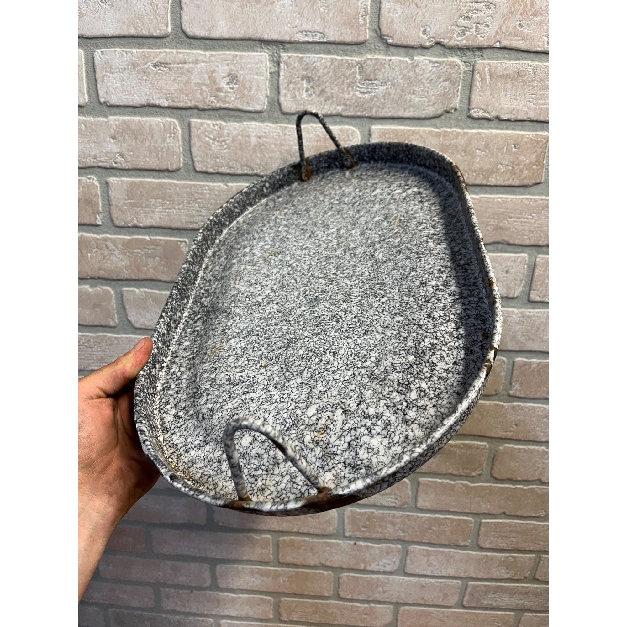 Vintage Speckled Enamel Roaster Pan Kitchen Decor Grey Brown