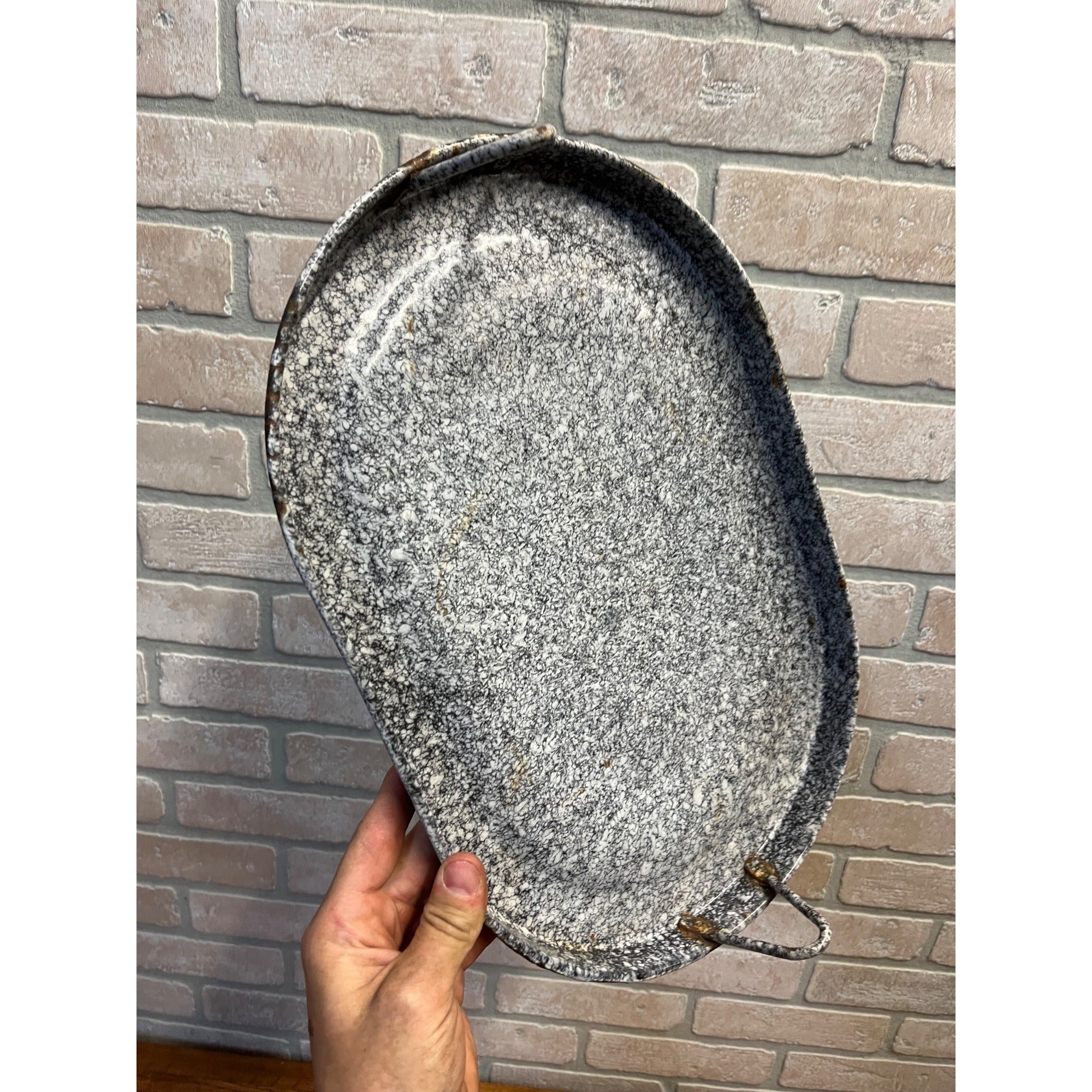 Vintage Speckled Enamel Roaster Pan Kitchen Decor Grey Brown