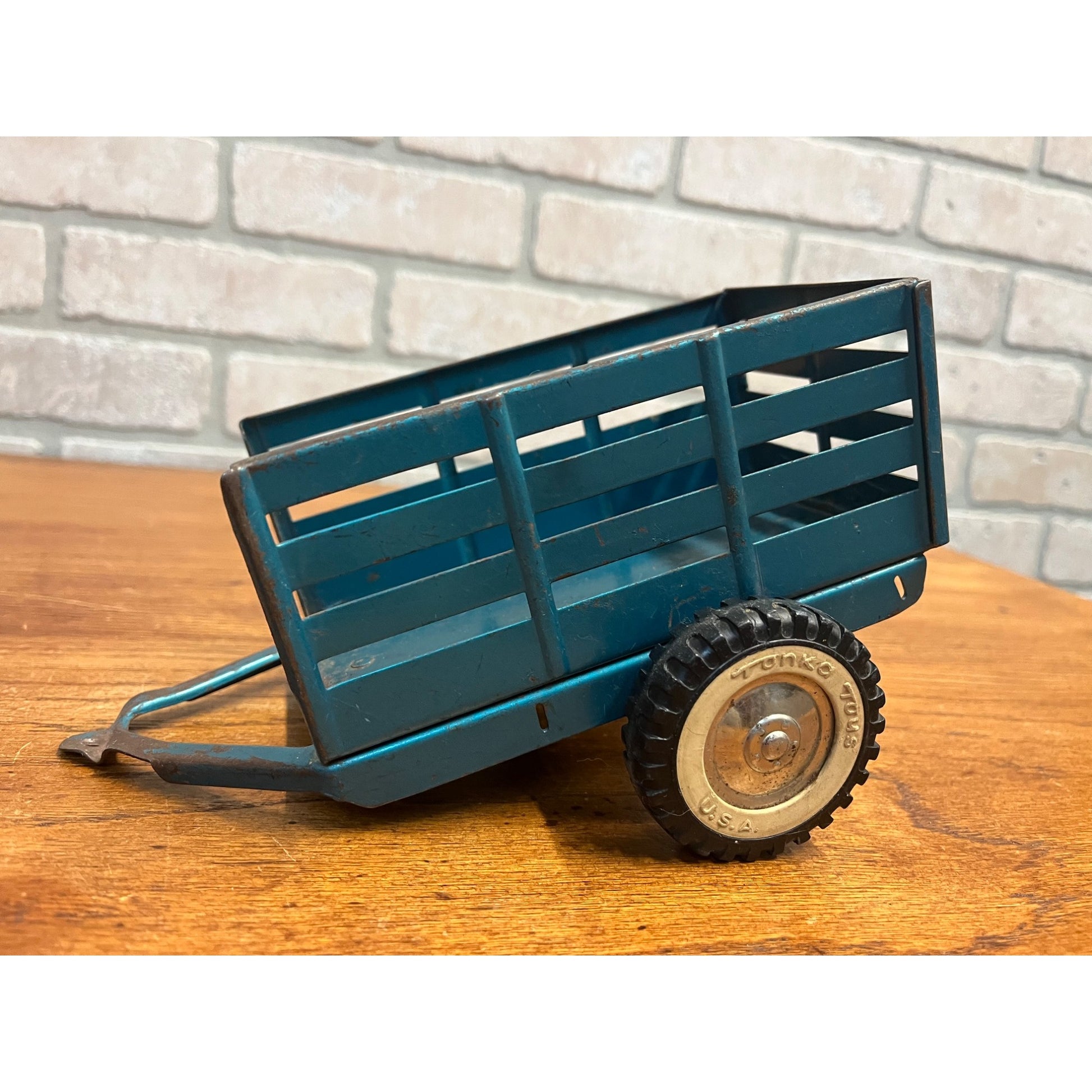 Vintage Tonkya Toys Blue Pressed Steel Farm Stake Trailer for Pickup