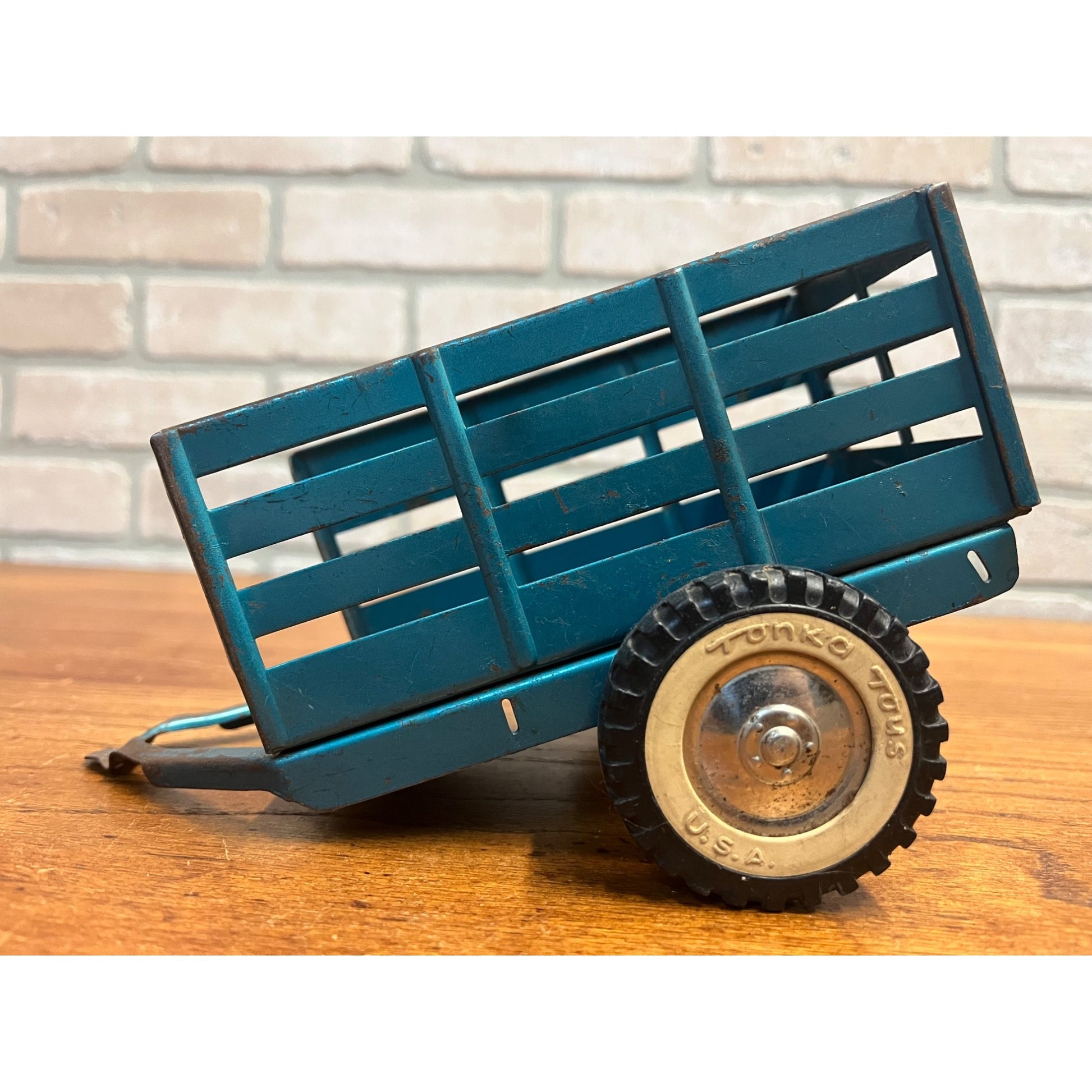 Vintage Tonkya Toys Blue Pressed Steel Farm Stake Trailer for Pickup