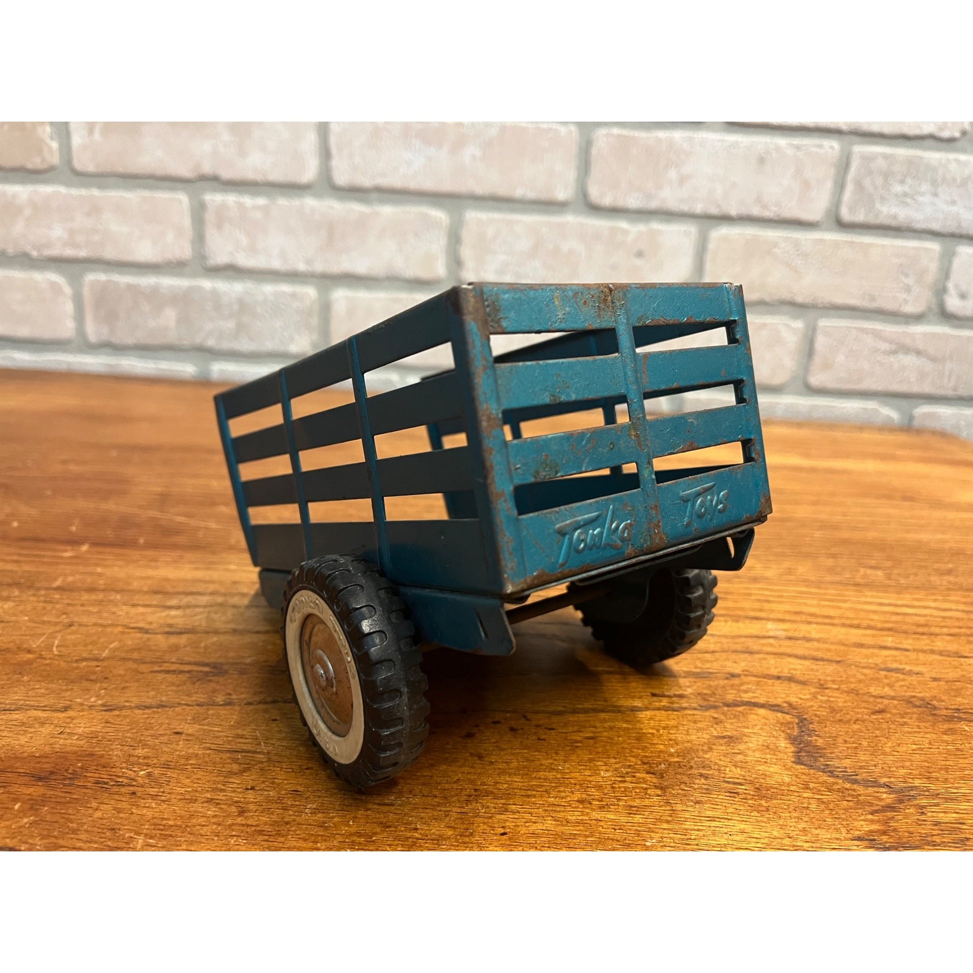 Vintage Tonkya Toys Blue Pressed Steel Farm Stake Trailer for Pickup