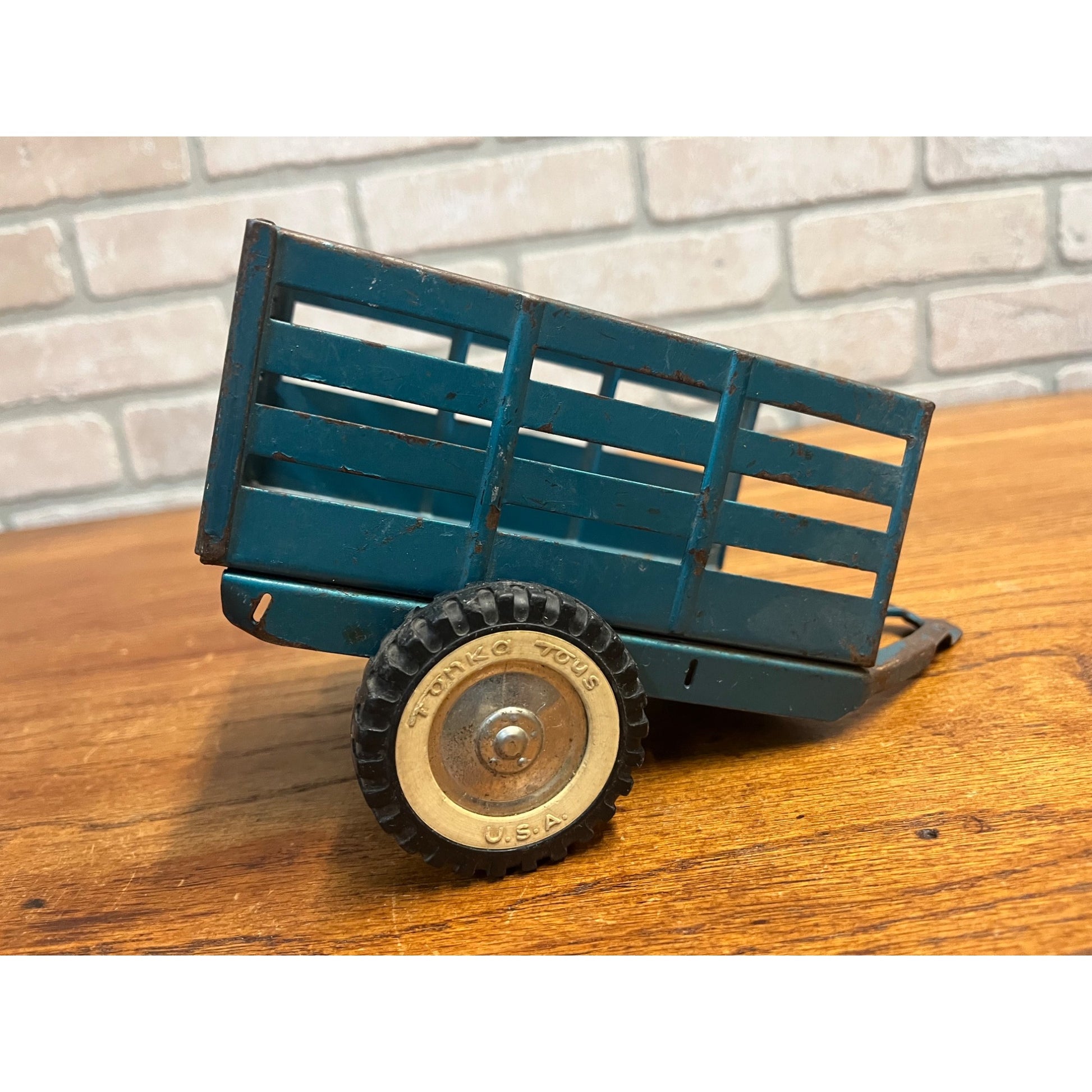 Vintage Tonkya Toys Blue Pressed Steel Farm Stake Trailer for Pickup