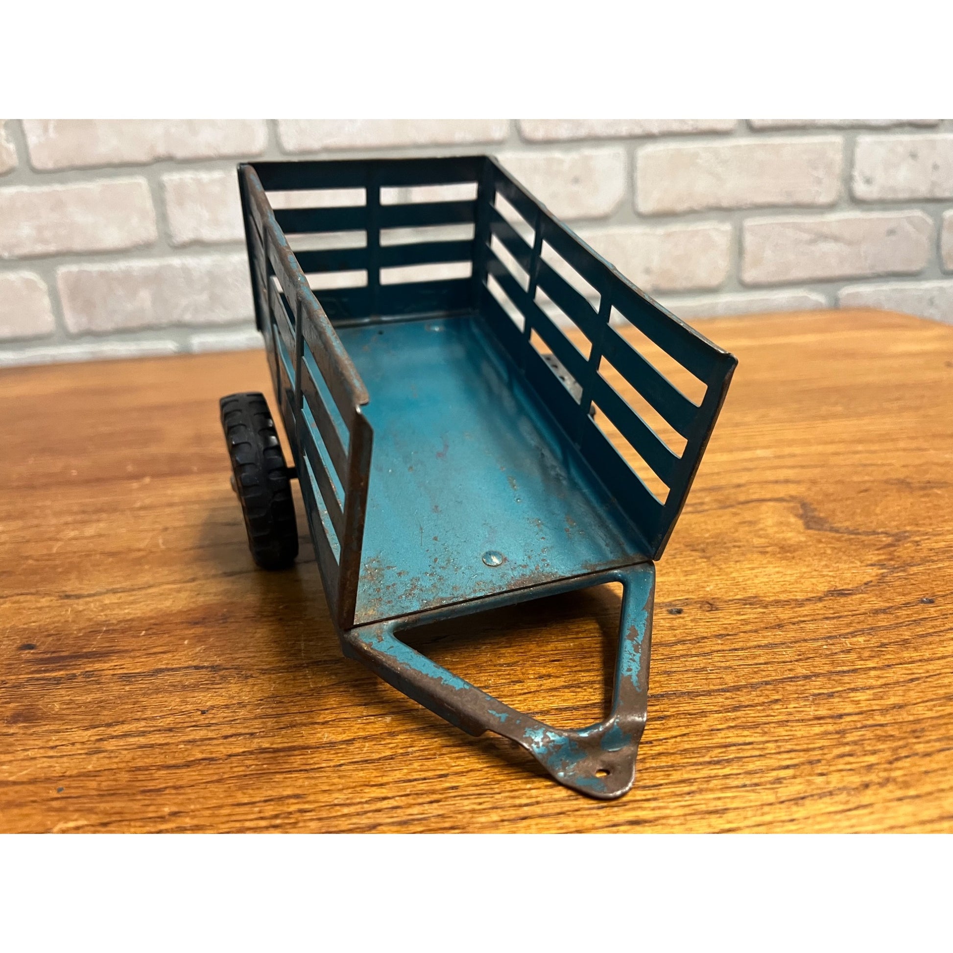 Vintage Tonkya Toys Blue Pressed Steel Farm Stake Trailer for Pickup
