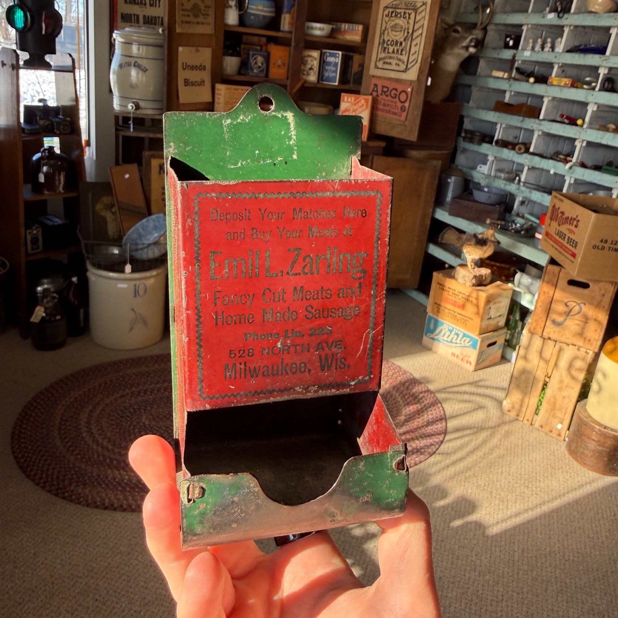 Vintage Zarling Meats Milwaukee Wisconsin Match Holder Tin Advertising Sign