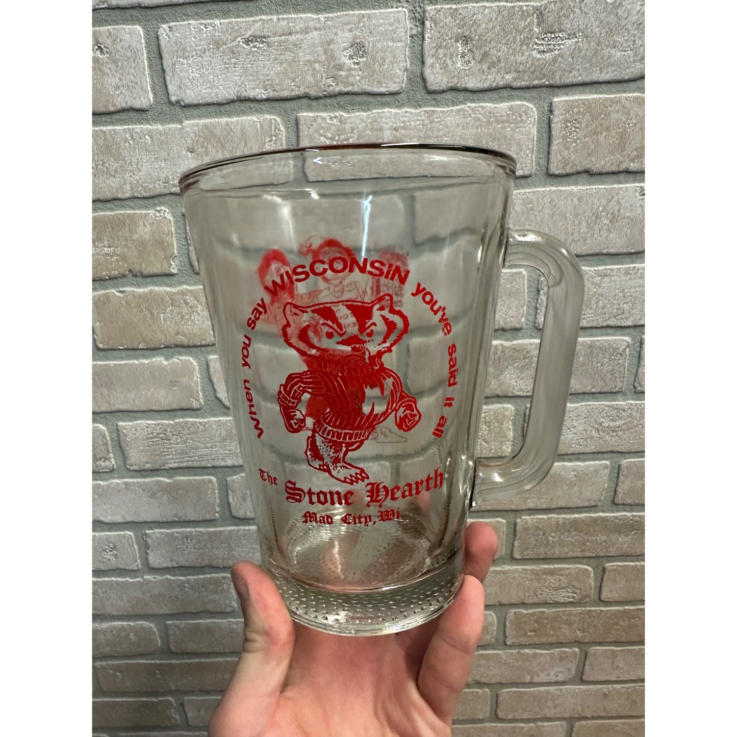 Vintage Stone Hearth Madison Wisconsin Mad City Bucky Badger Glass Pitcher 30oz Mug