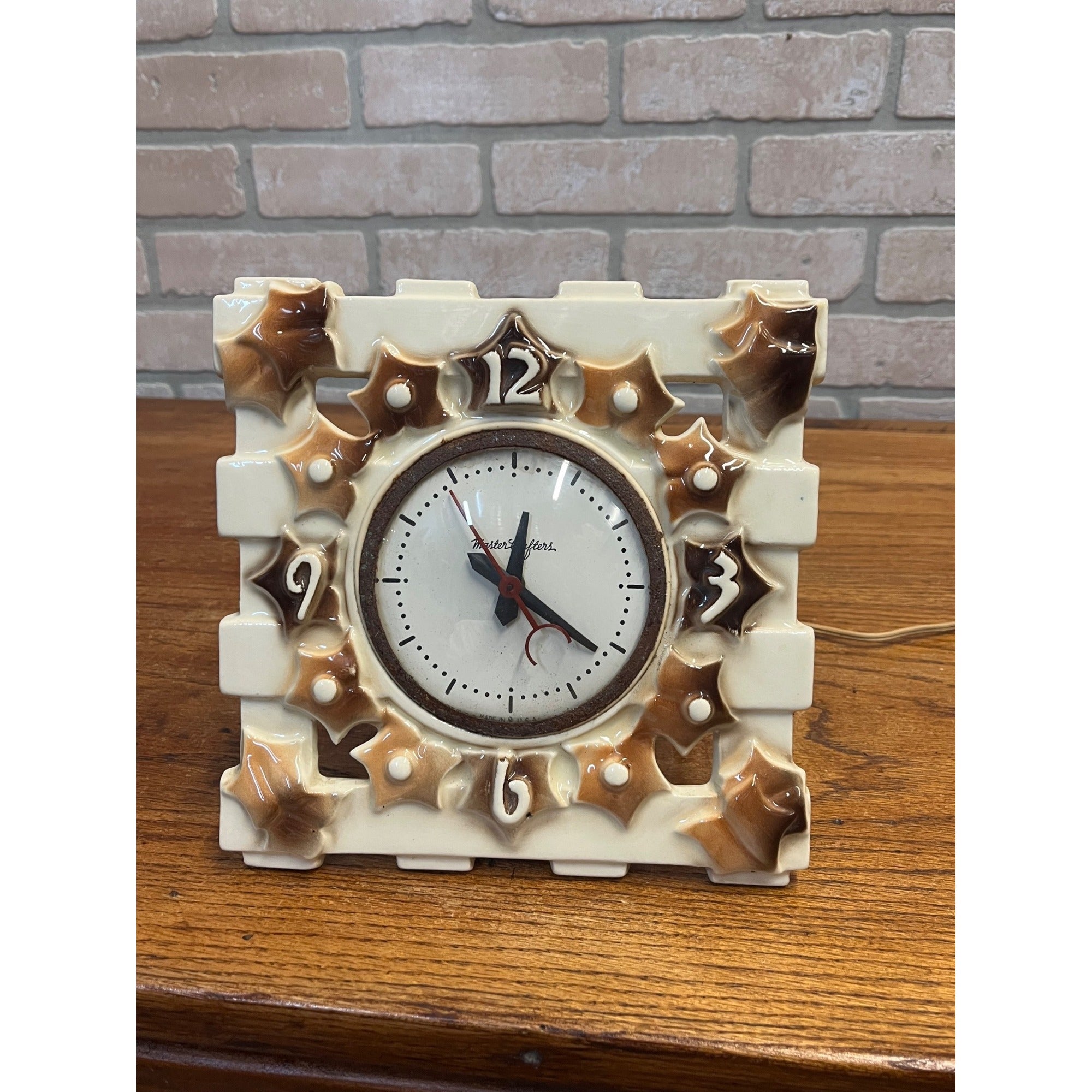 Vintage Ceramic Master Crafters Electric Wall Clock With Brown Glaze Leaves USA Kitchen Decor Circa 1955
