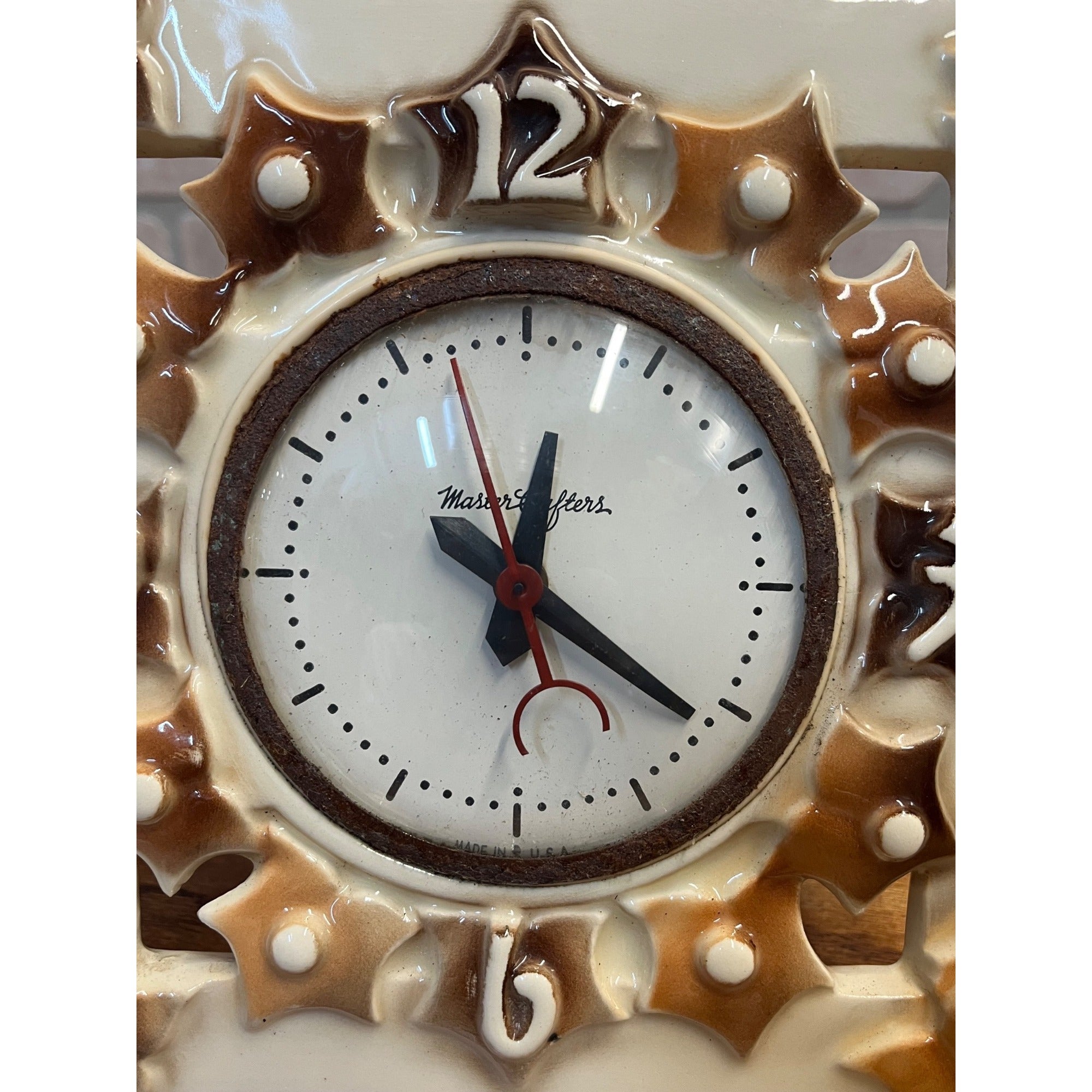 Vintage Ceramic Master Crafters Electric Wall Clock With Brown Glaze Leaves USA Kitchen Decor Circa 1955