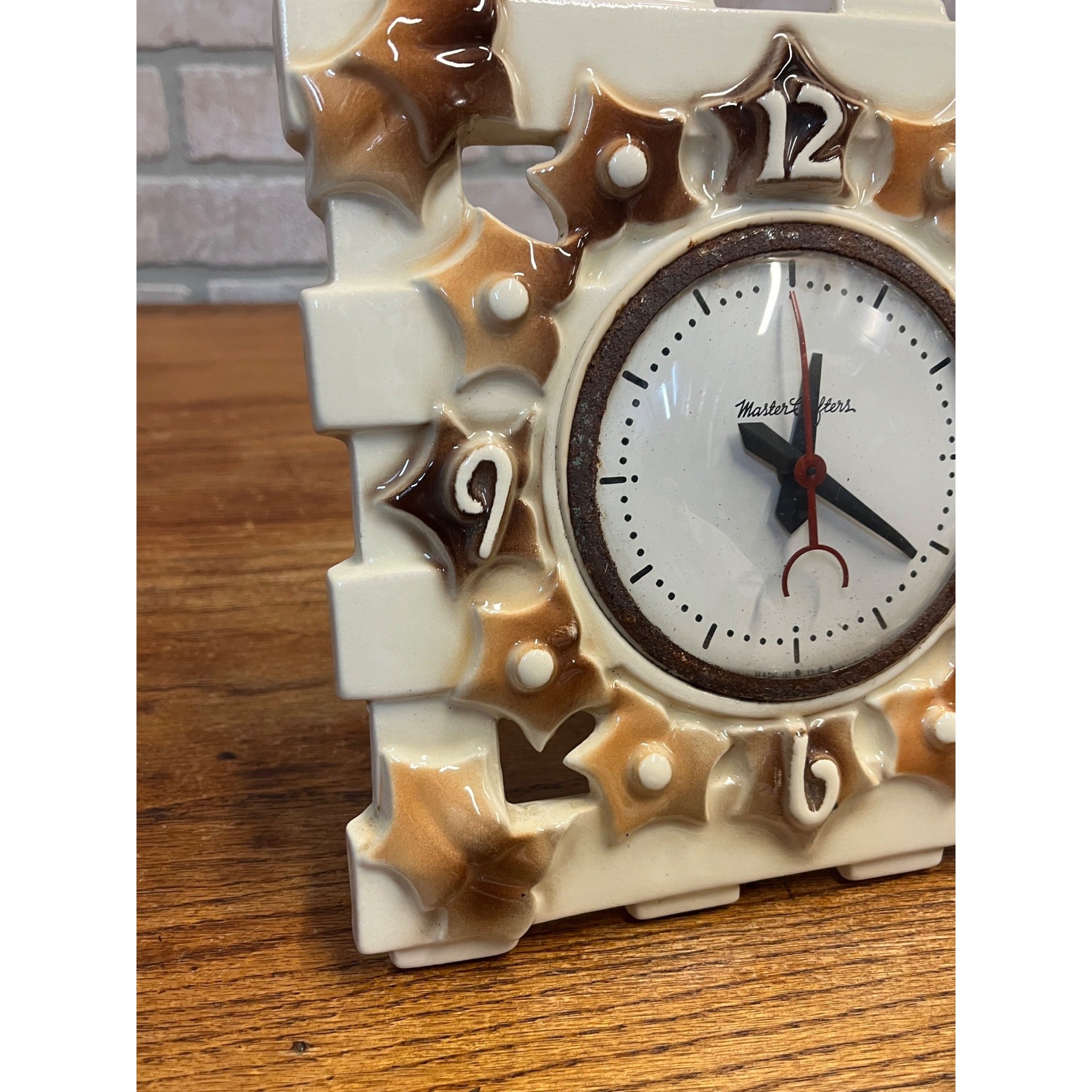 Vintage Ceramic Master Crafters Electric Wall Clock With Brown Glaze Leaves USA Kitchen Decor Circa 1955