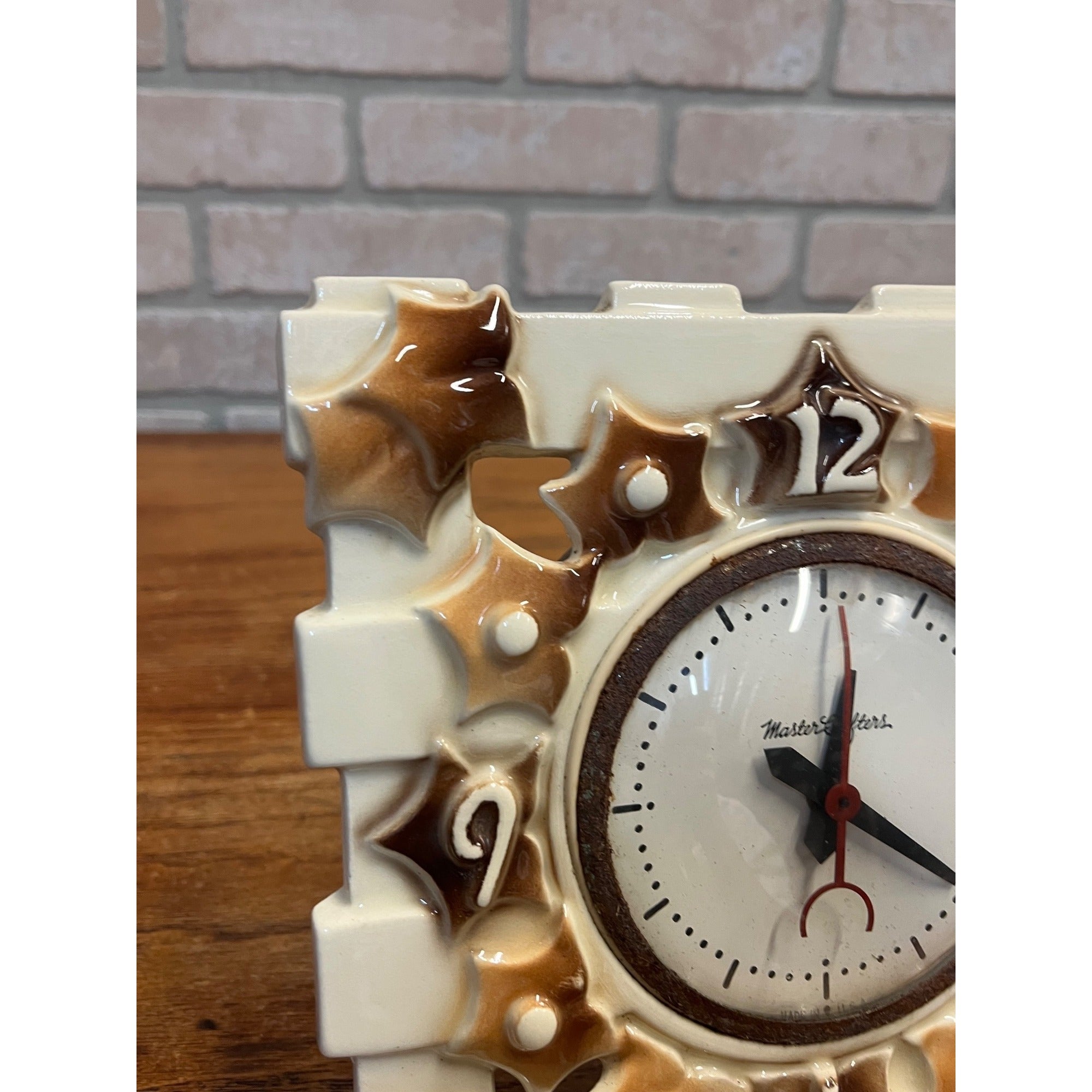 Vintage Ceramic Master Crafters Electric Wall Clock With Brown Glaze Leaves USA Kitchen Decor Circa 1955