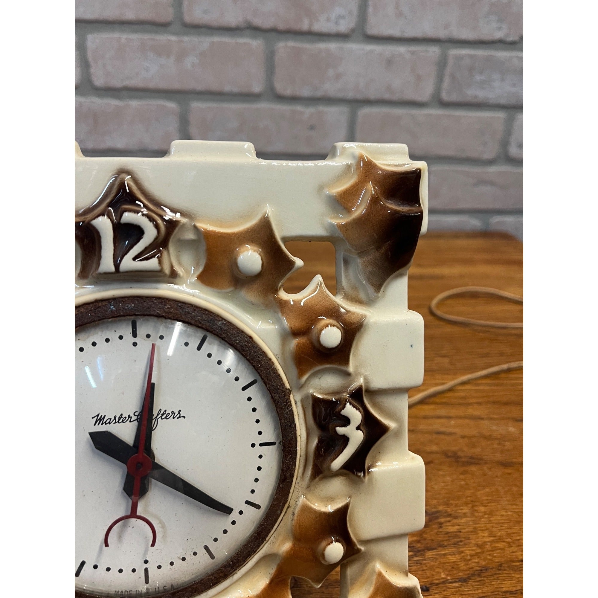 Vintage Ceramic Master Crafters Electric Wall Clock With Brown Glaze Leaves USA Kitchen Decor Circa 1955