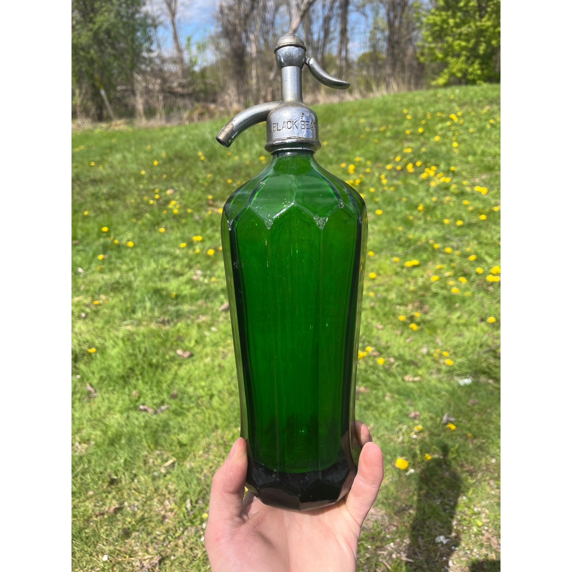 Vintage 1930s Sanitary Soda Water Co. West Allis Wis Wi Green Seltzer Bottle Paneled