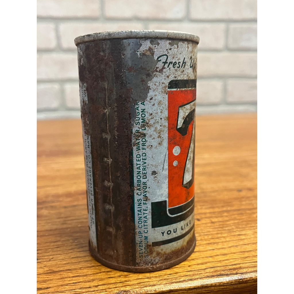 Vintage 7Up Pull Ring Soda Can 12 Fluid Ounces "Fresh Up With 7Up" Slogan Krier Beverage Co. Random Lake, Wis. WI
