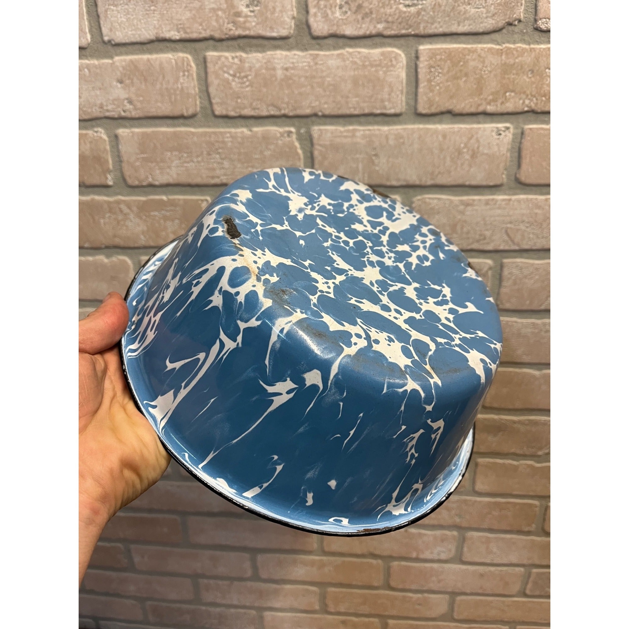 Antique Primitive Blue & White Swirl Enamelware Shallow Bowl Farmhouse Kitchen Decor