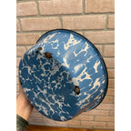 Antique Primitive Blue & White Swirl Enamelware Shallow Bowl Farmhouse Kitchen Decor