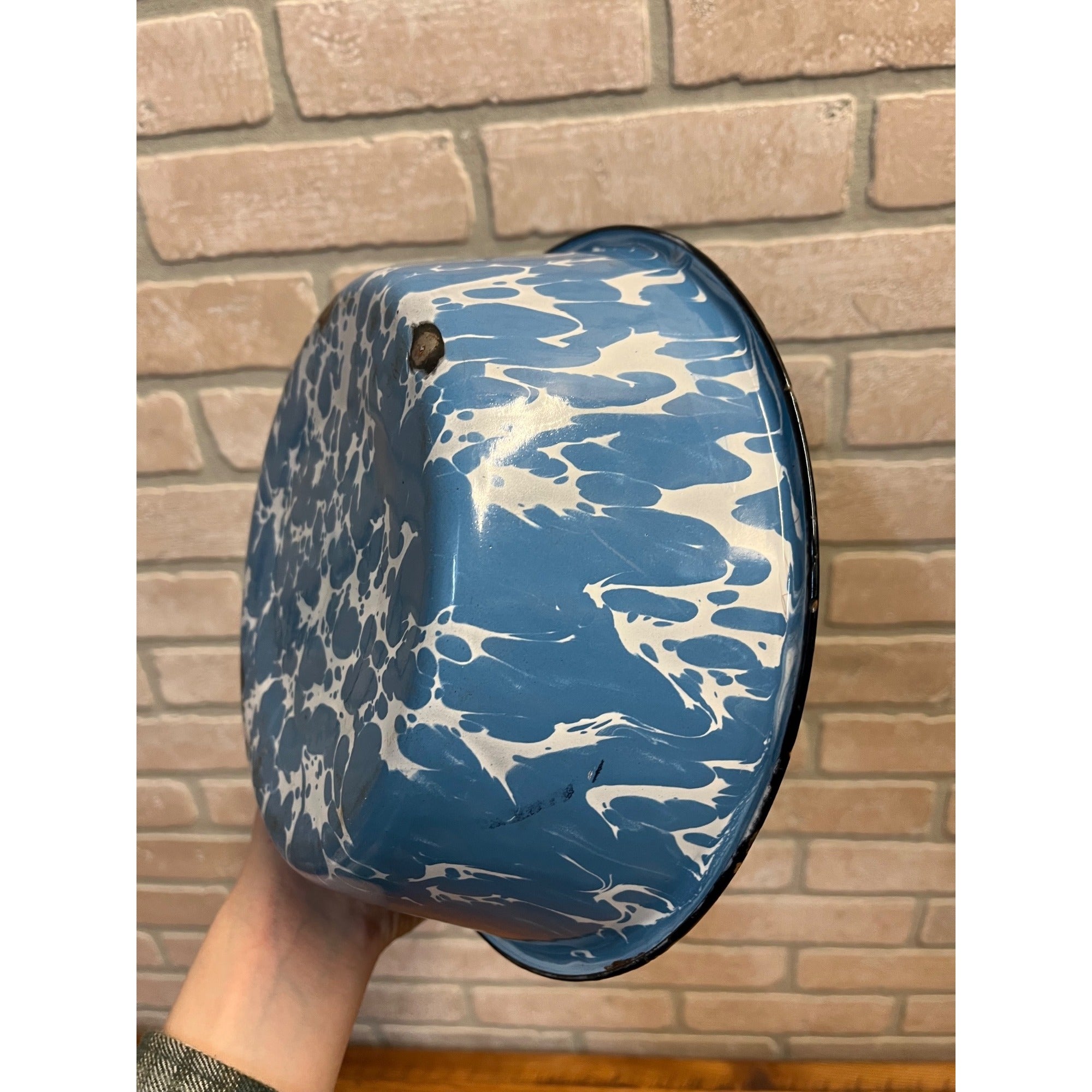 Antique Primitive Blue & White Swirl Enamelware Shallow Bowl Farmhouse Kitchen Decor