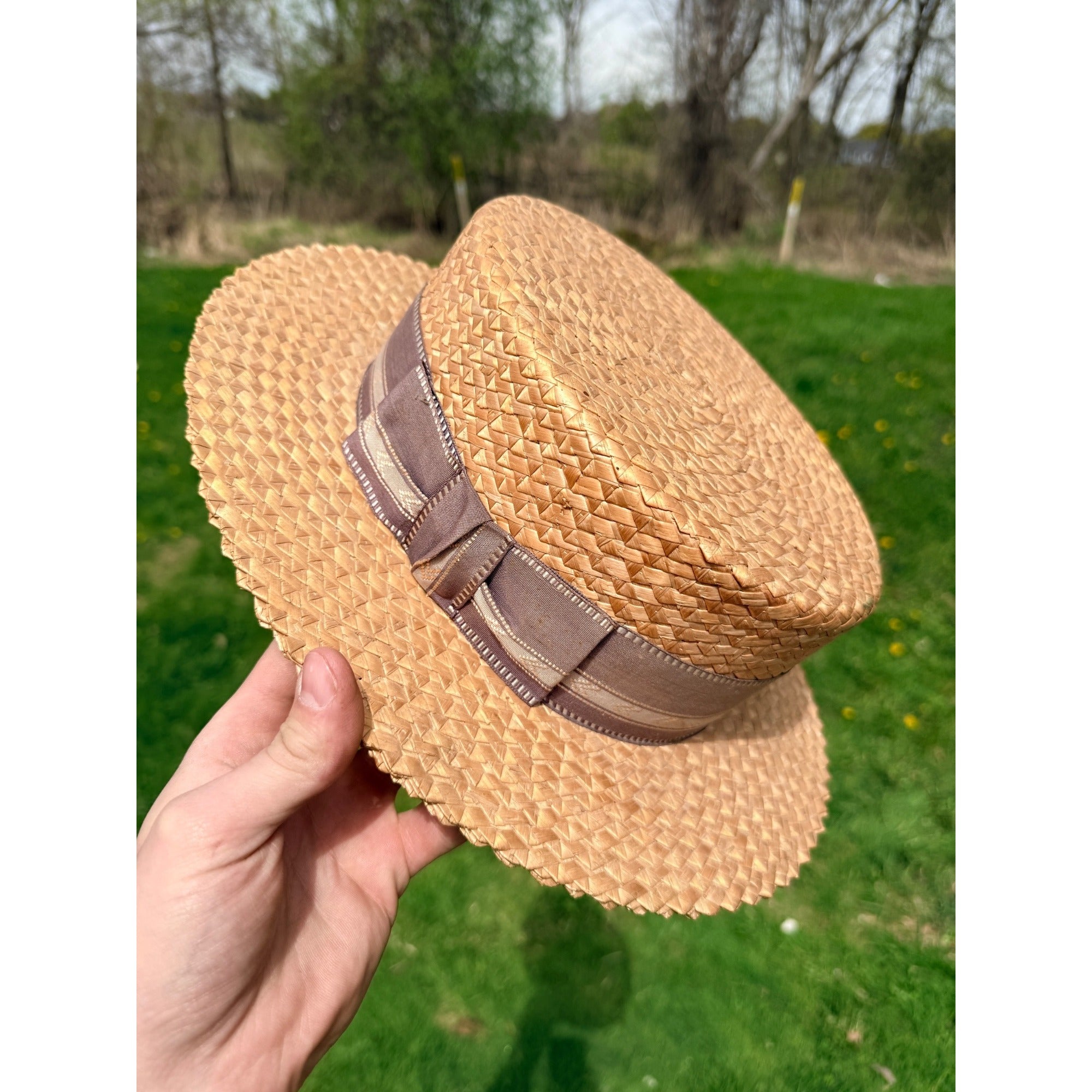 Vintage Boater Straw Hat Made in Italy Extra Extra Sennit Skimmer Flat Top Mens