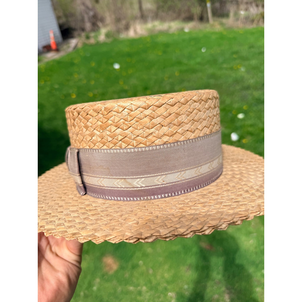 Vintage Boater Straw Hat Made in Italy Extra Extra Sennit Skimmer Flat Top Mens