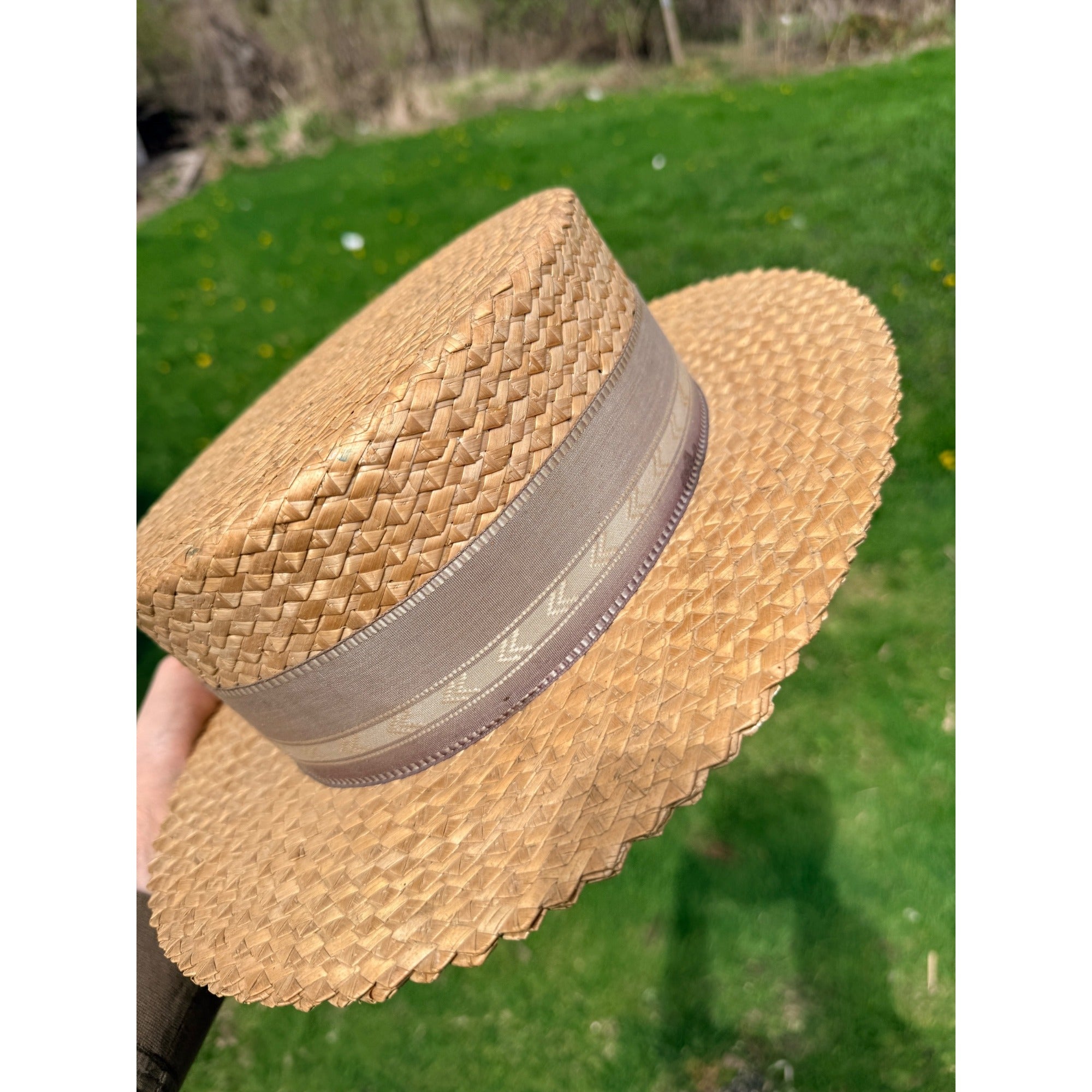Vintage Boater Straw Hat Made in Italy Extra Extra Sennit Skimmer Flat Top Mens