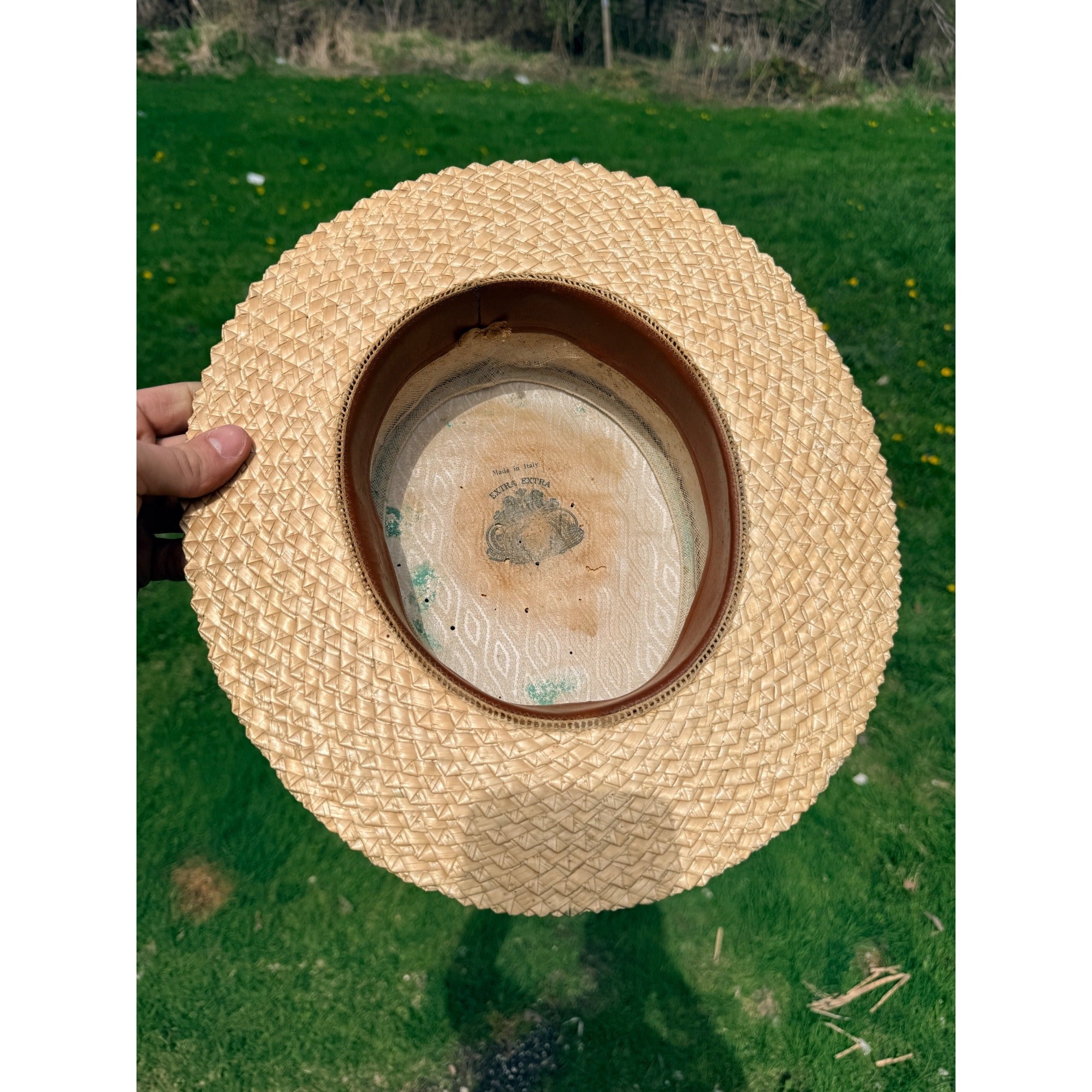 Vintage Boater Straw Hat Made in Italy Extra Extra Sennit Skimmer Flat Top Mens