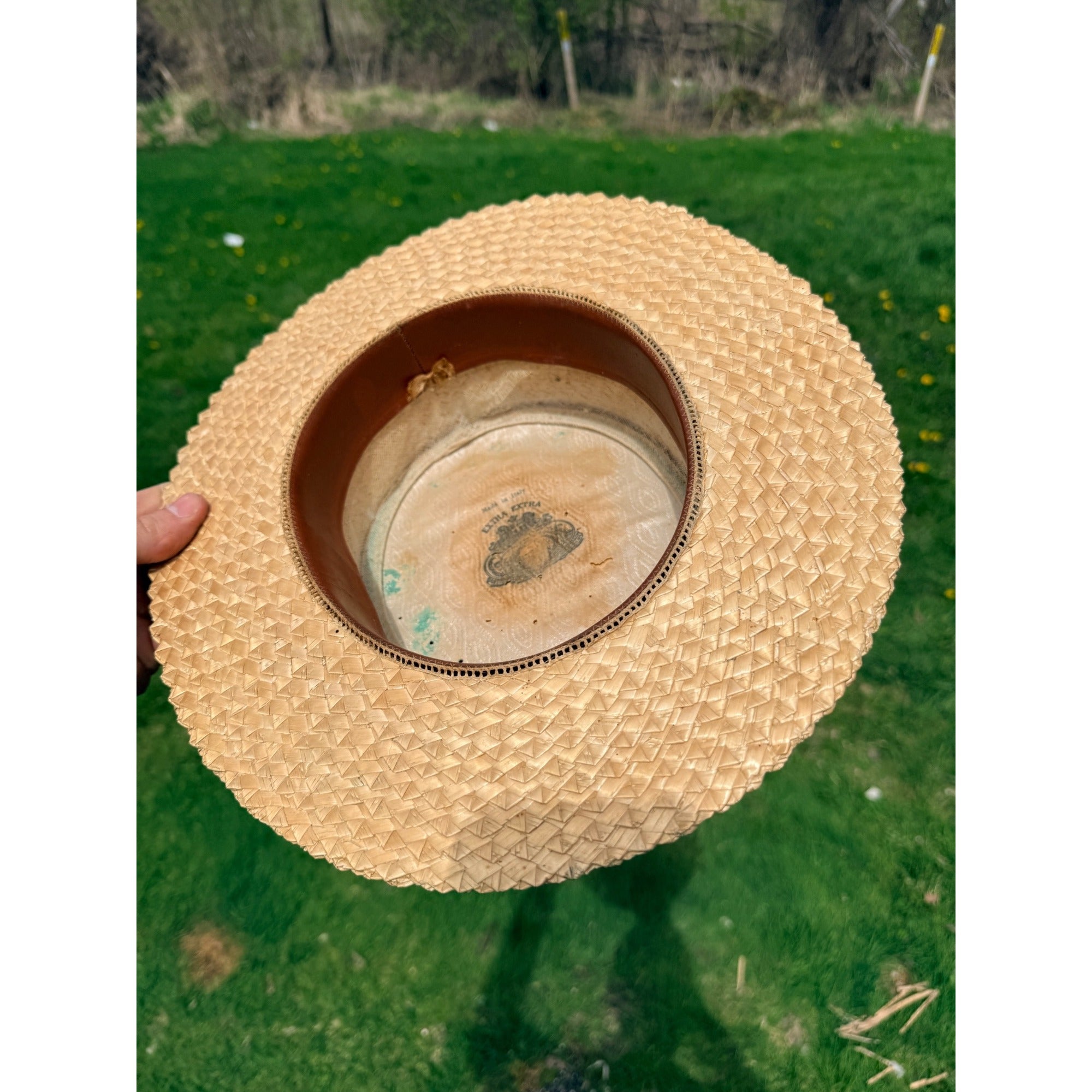 Vintage Boater Straw Hat Made in Italy Extra Extra Sennit Skimmer Flat Top Mens
