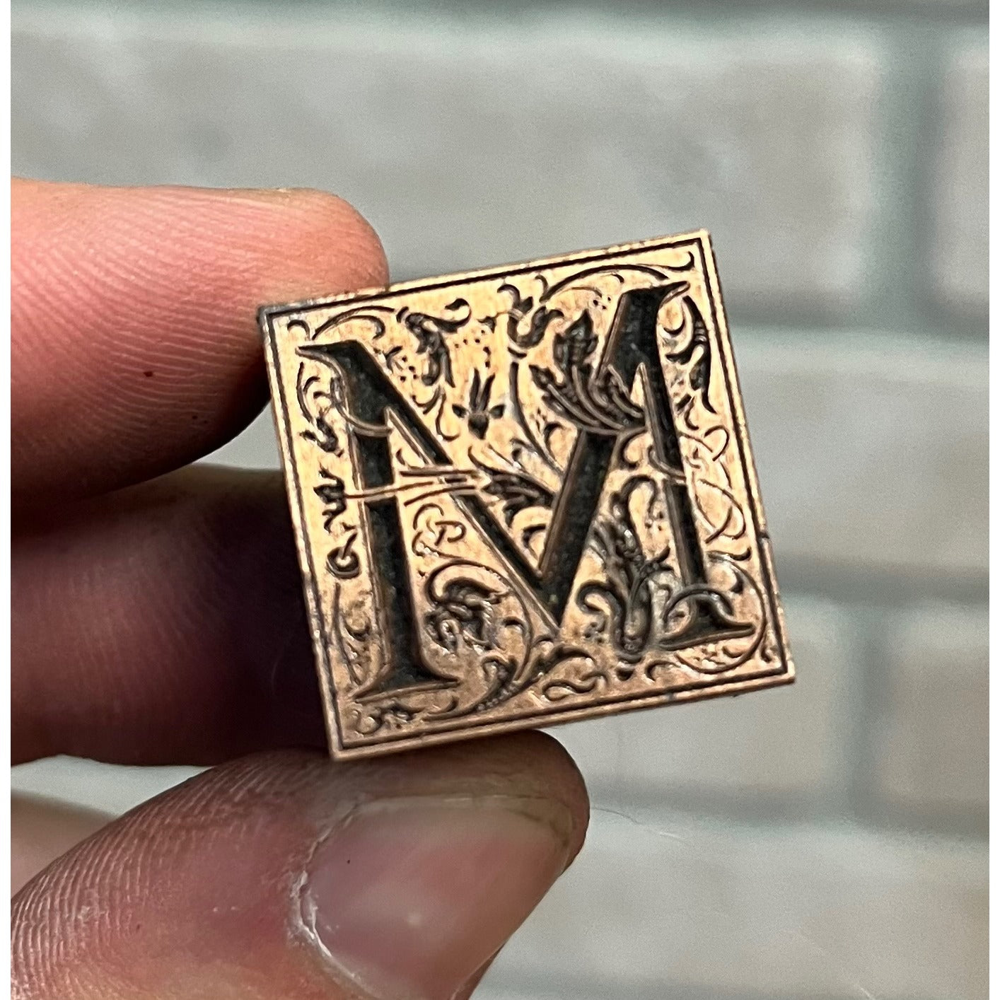 Vintage Letterpress Printing Block Ornate Fancy Letter "M" Copper Monogram