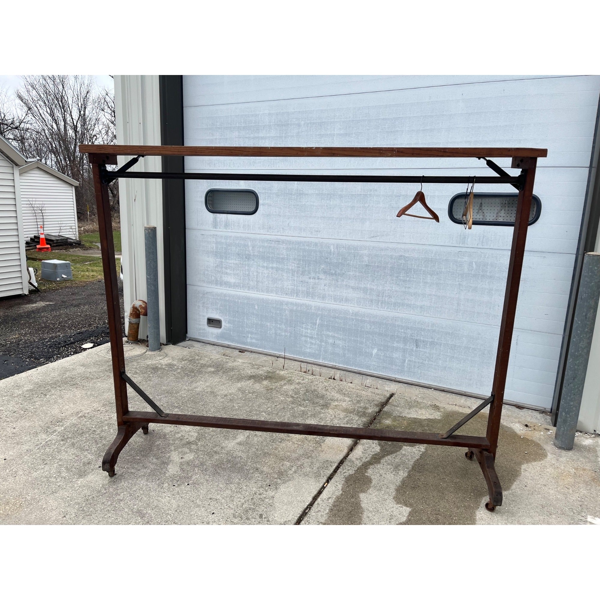 Antique Early 1900s Department Store Clothing Rack Rolling Cart Wooden Display