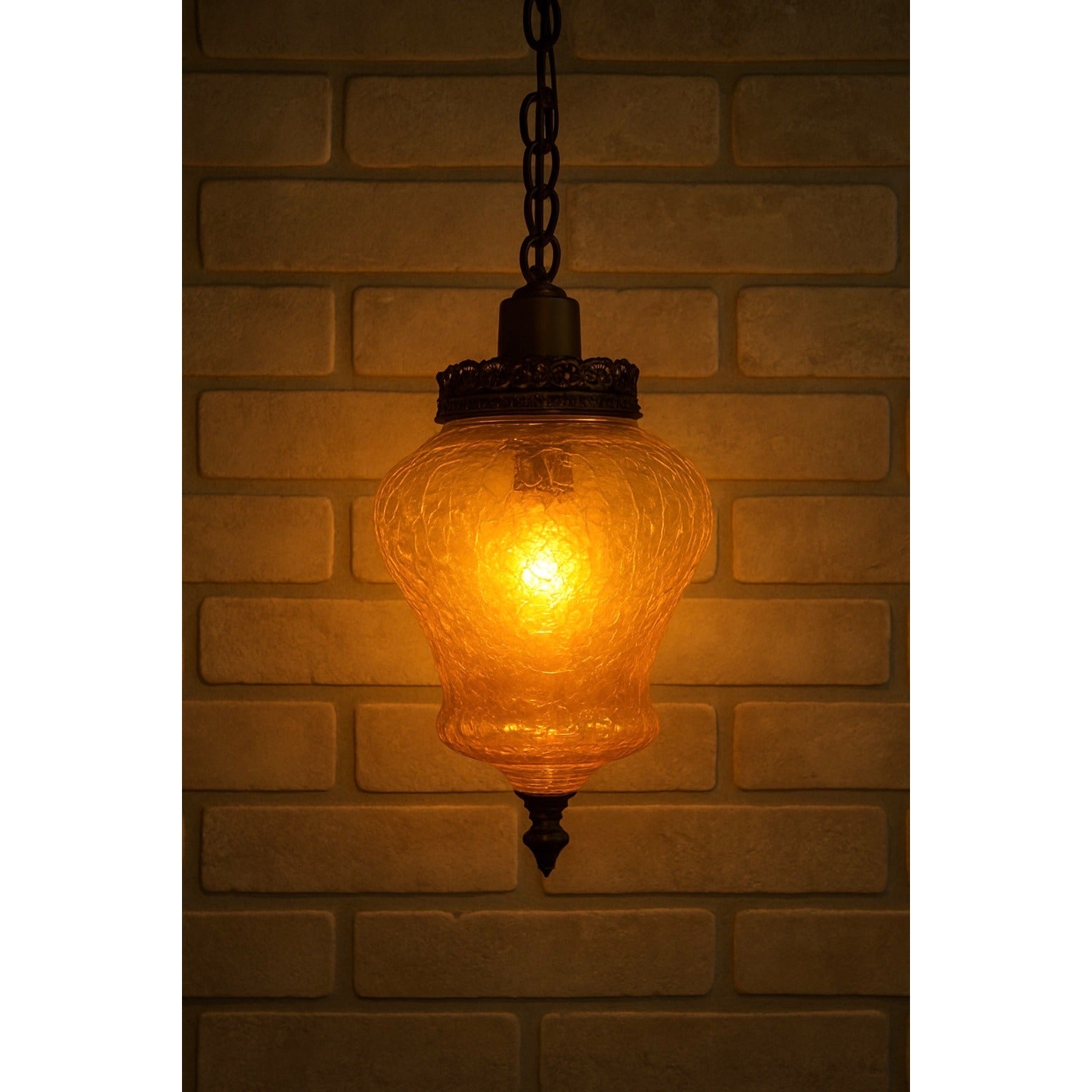 Vintage Mid Century Amber Crackle Swag Light Lamp Fixture Hanging Boho