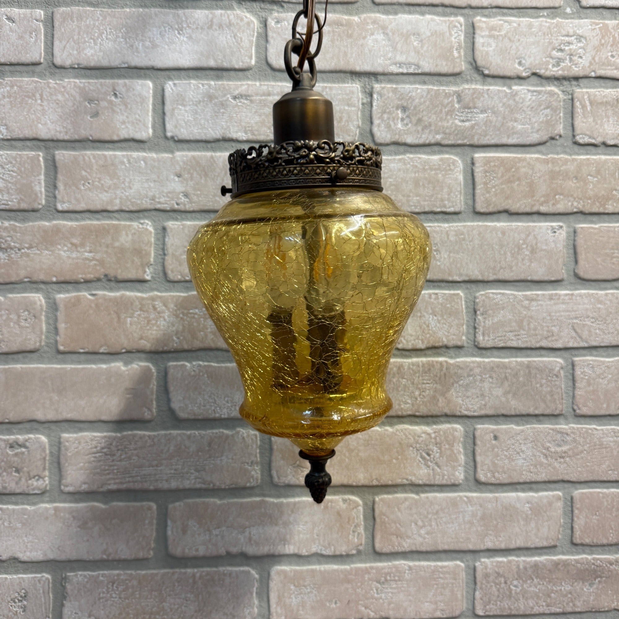 Vintage Mid Century Amber Crackle Swag Light Lamp Fixture Hanging Boho