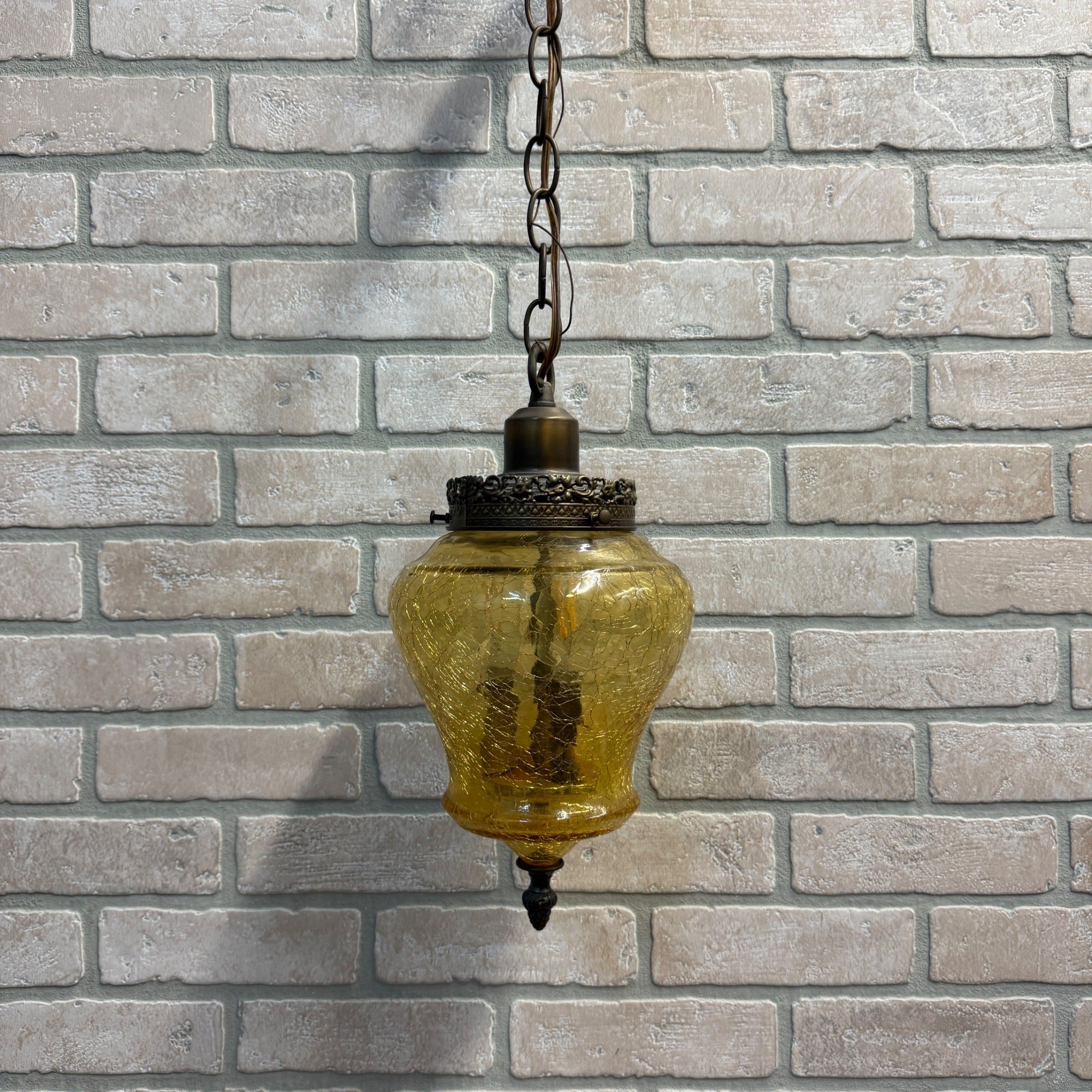 Vintage Mid Century Amber Crackle Swag Light Lamp Fixture Hanging Boho