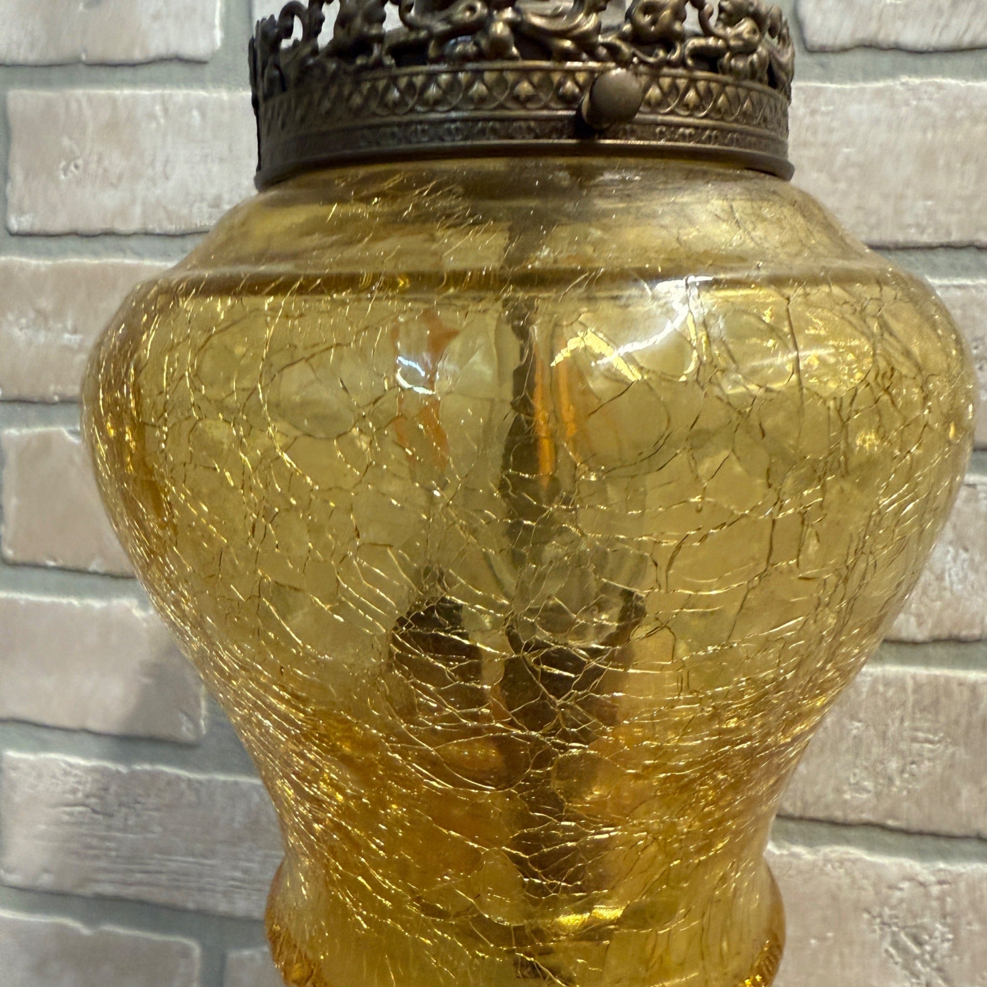 Vintage Mid Century Amber Crackle Swag Light Lamp Fixture Hanging Boho