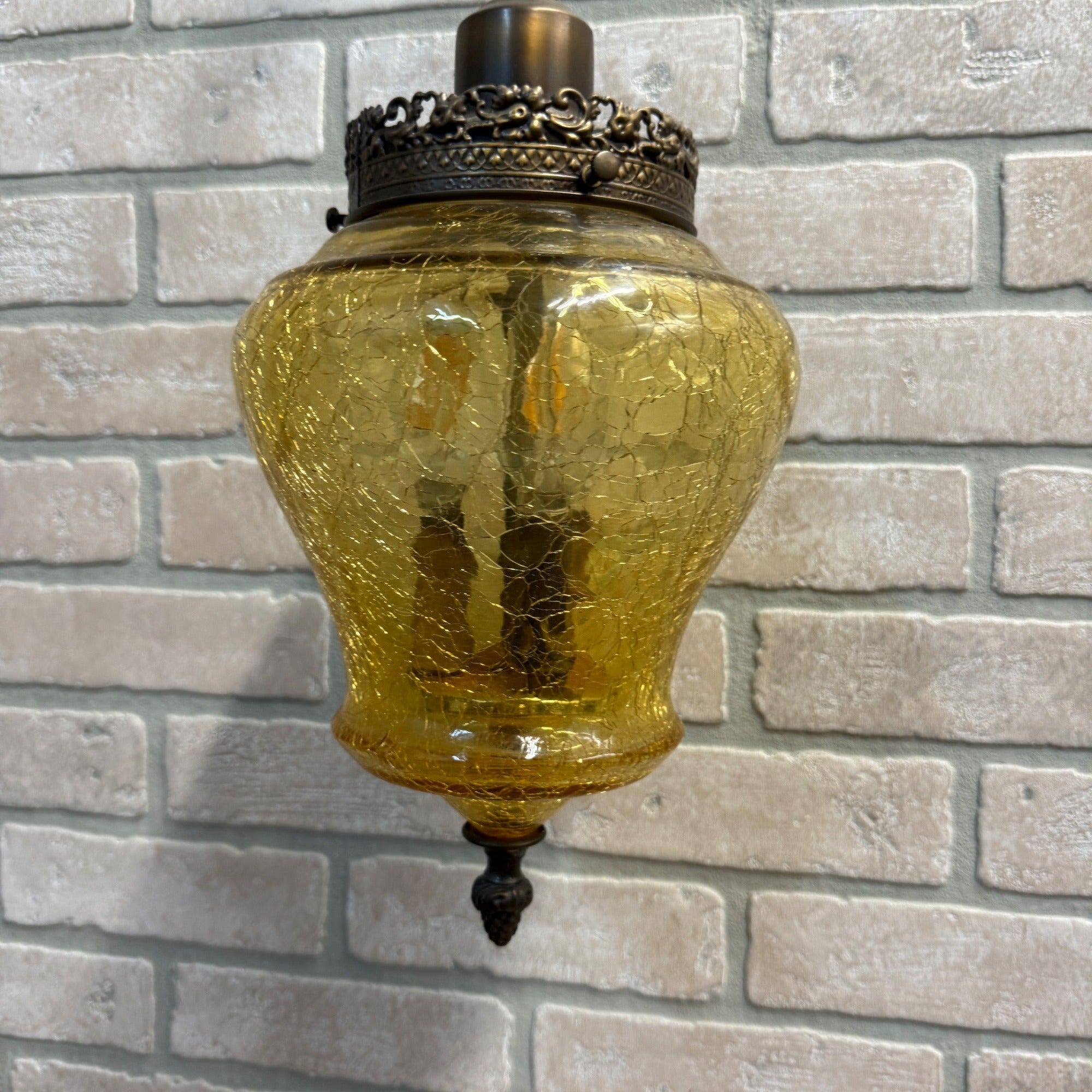 Vintage Mid Century Amber Crackle Swag Light Lamp Fixture Hanging Boho