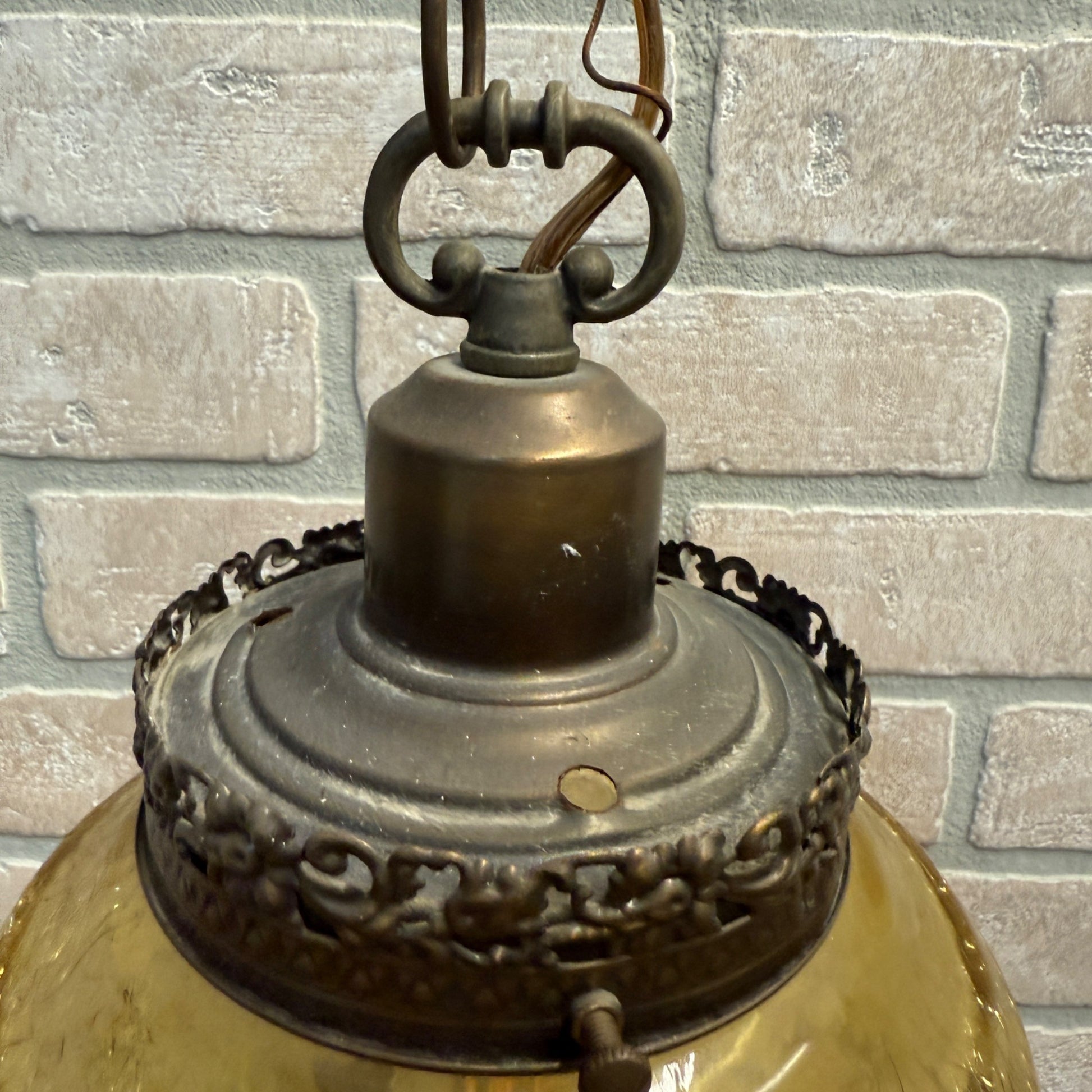 Vintage Mid Century Amber Crackle Swag Light Lamp Fixture Hanging Boho