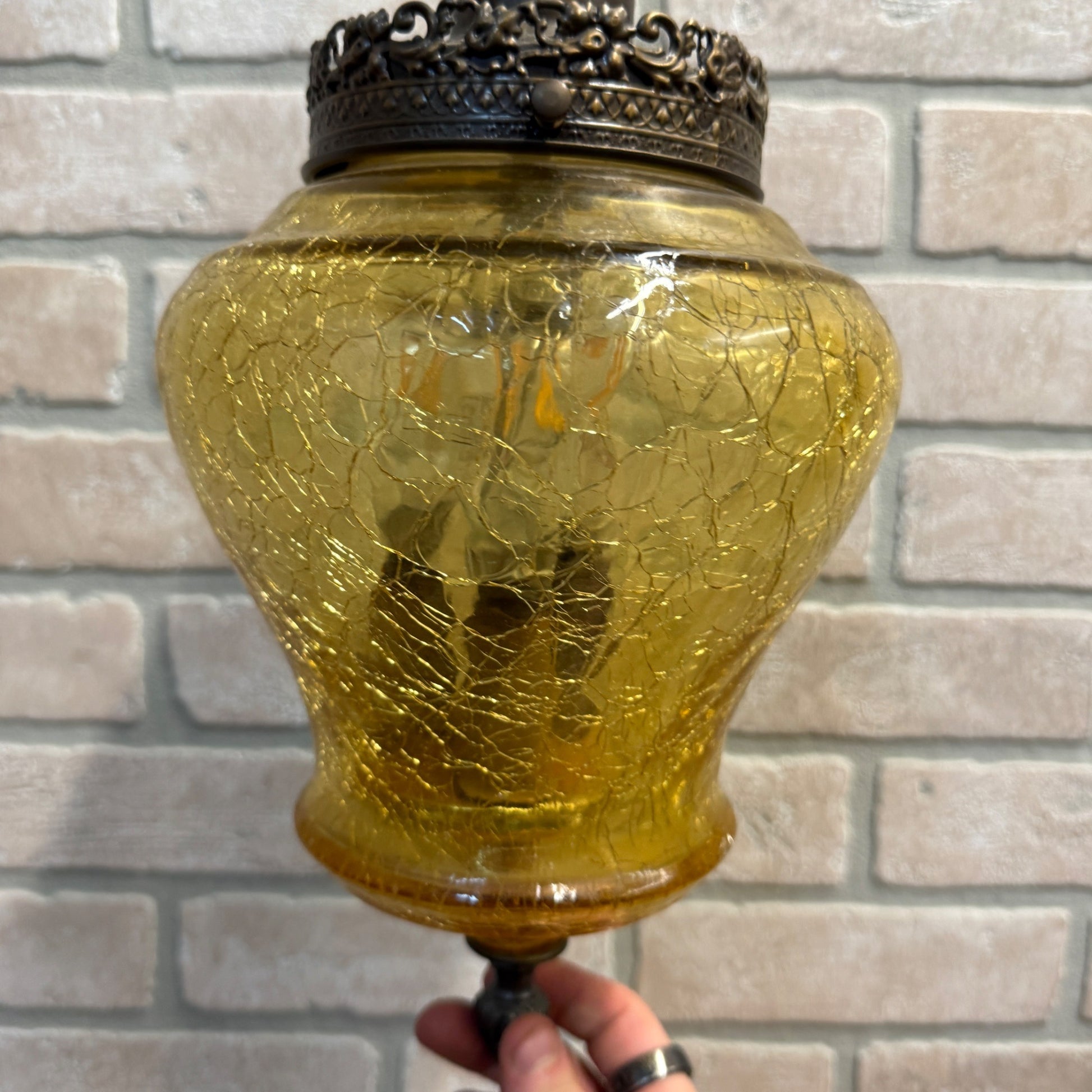 Vintage Mid Century Amber Crackle Swag Light Lamp Fixture Hanging Boho