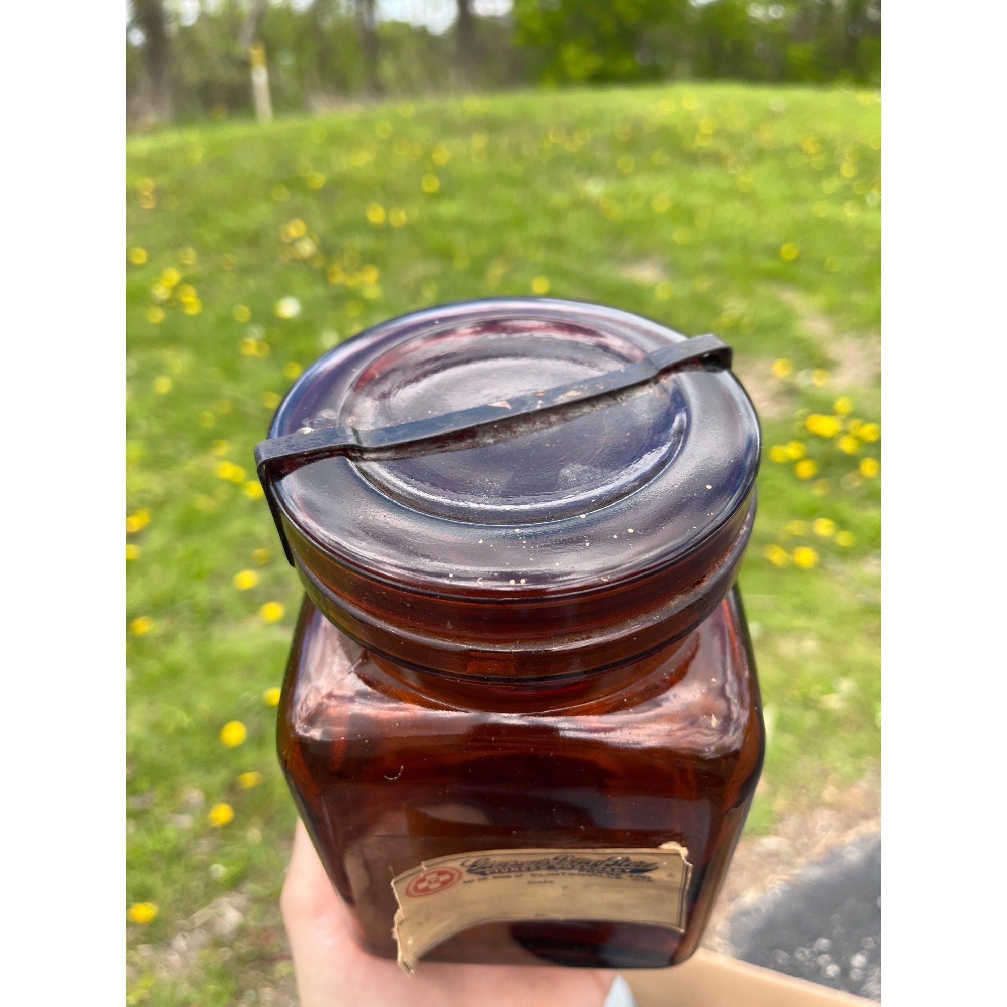 STUNNING Antique B&B Square Amber Lidded Jar Brown Apothecary Clintonville Wis 1900s