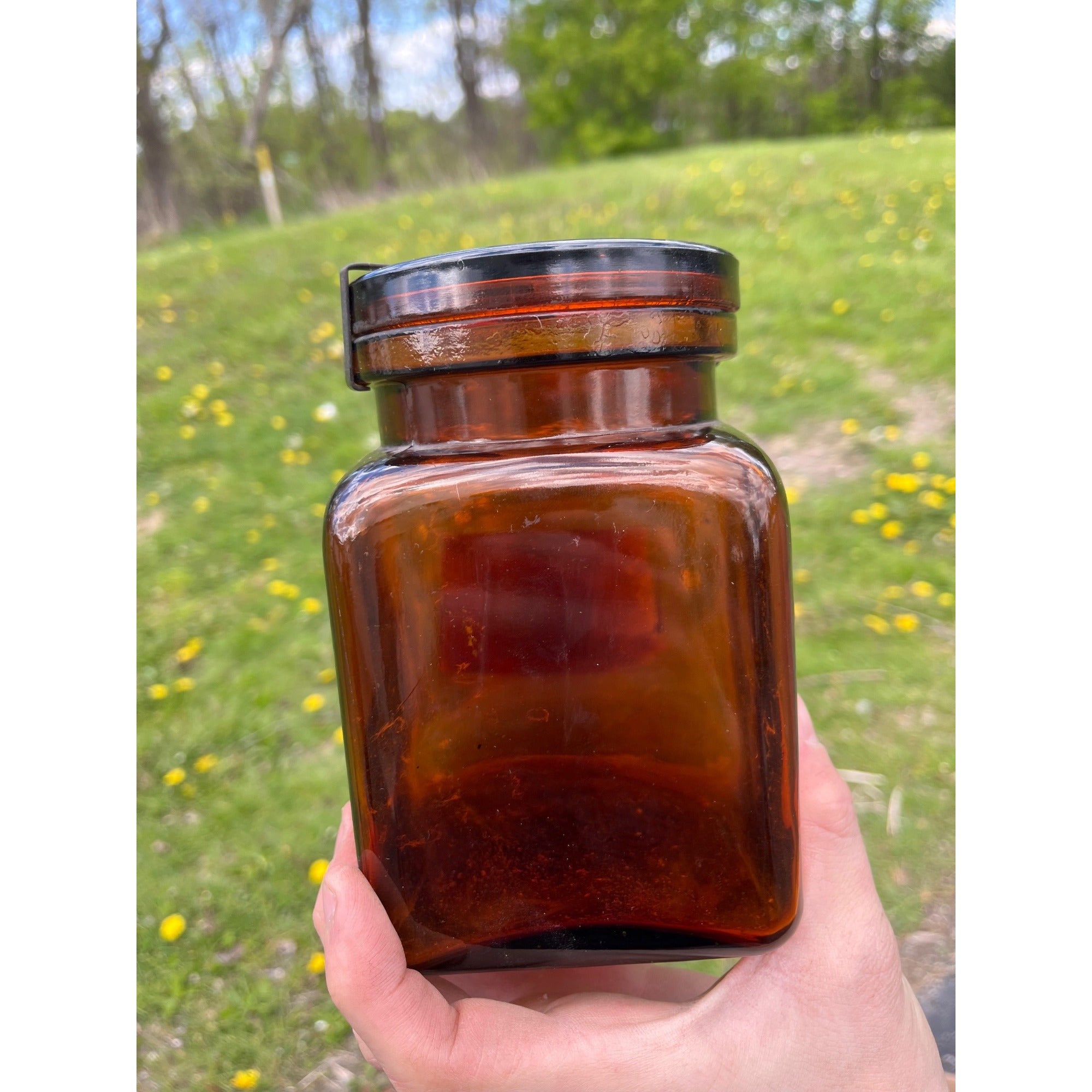 STUNNING Antique B&B Square Amber Lidded Jar Brown Apothecary Clintonville Wis 1900s